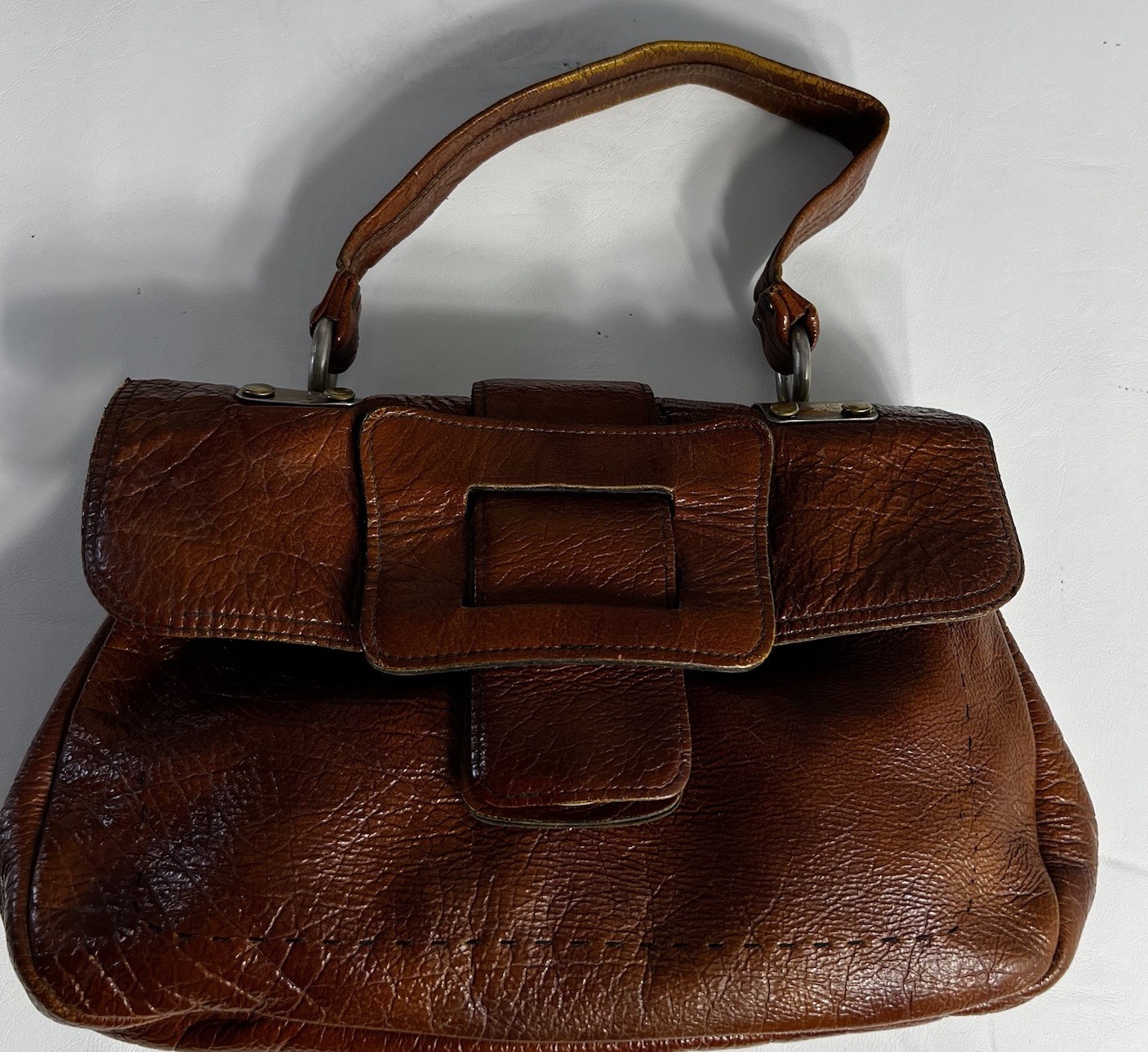VINTAGE 70’s Genuine Leather Shoulder Bag Gold Hardware Chunky Buckle Closure
