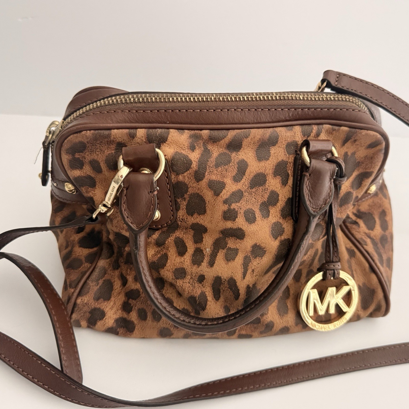 Michael Kors Bag Purse Leopard Print Calf Hair Leather Trim Satchel Cross Body