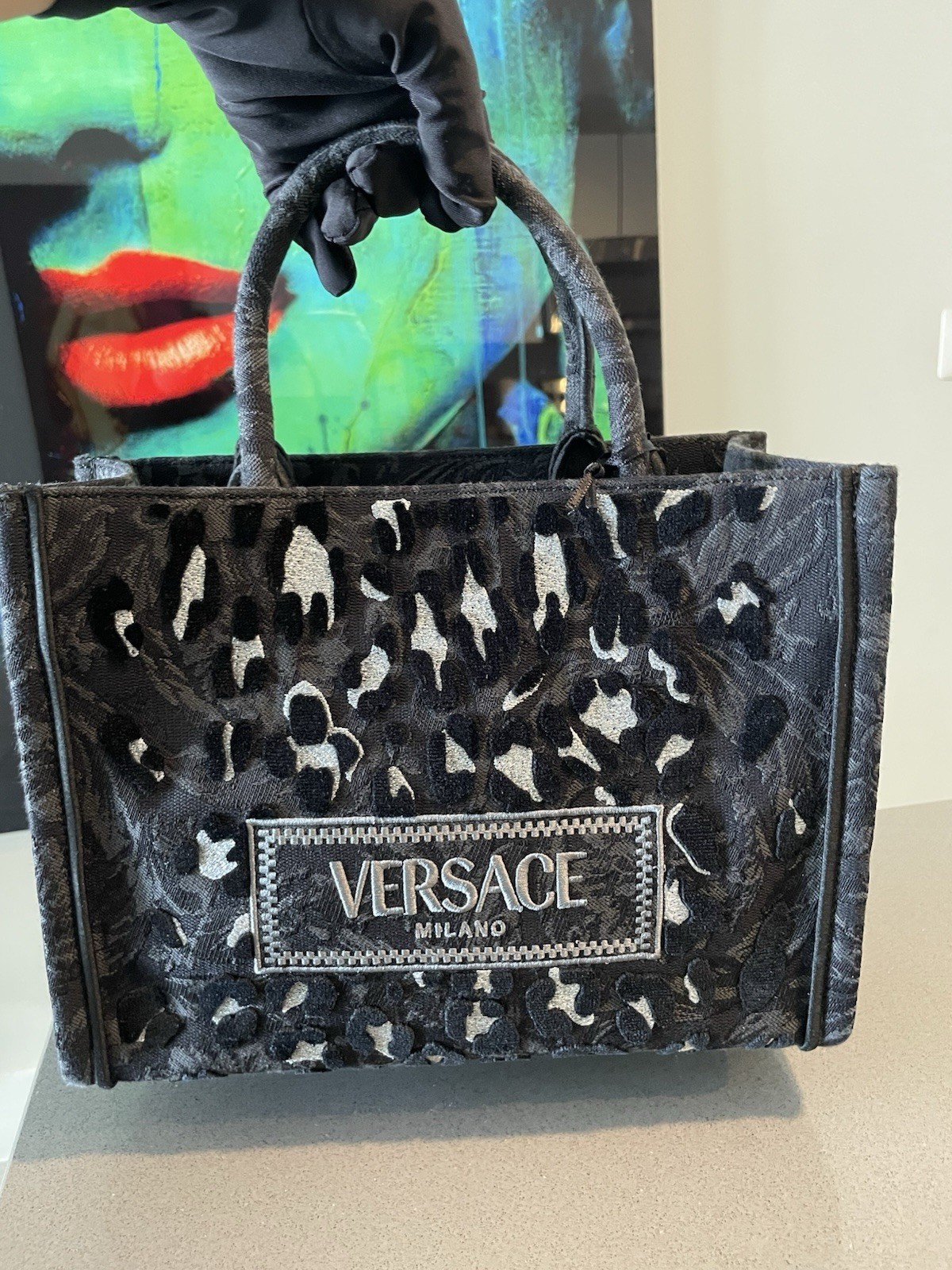Versace Small Tote Lurex Bag Black Jacquard Leopard Print Fabric $2375 Retail.