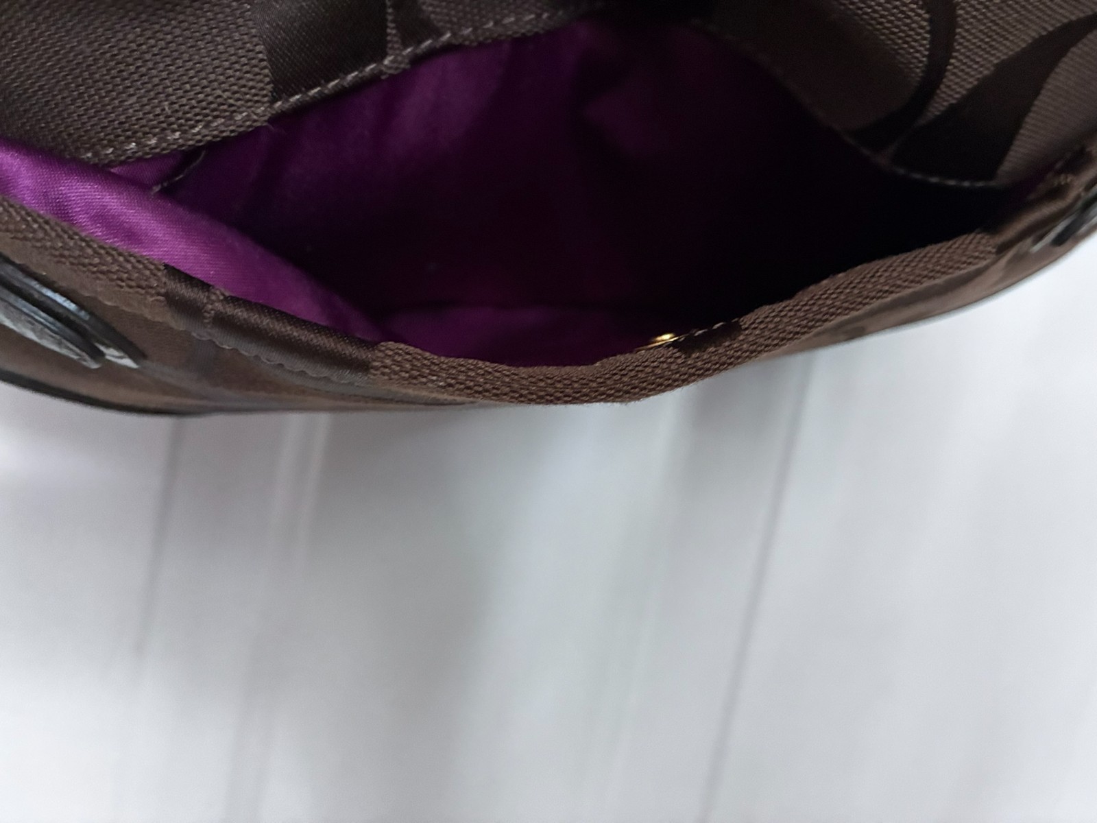 Coach Signature Brown Jacquard Shoulder Bag NWT Leather Trim Purple Satin F12712