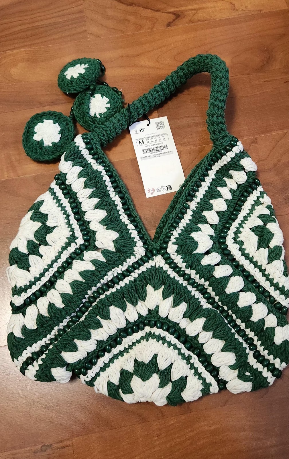 NWOT Zara Crochet Bucket Bag Green White Beads 12×18 Inches Med Charms Shoulder