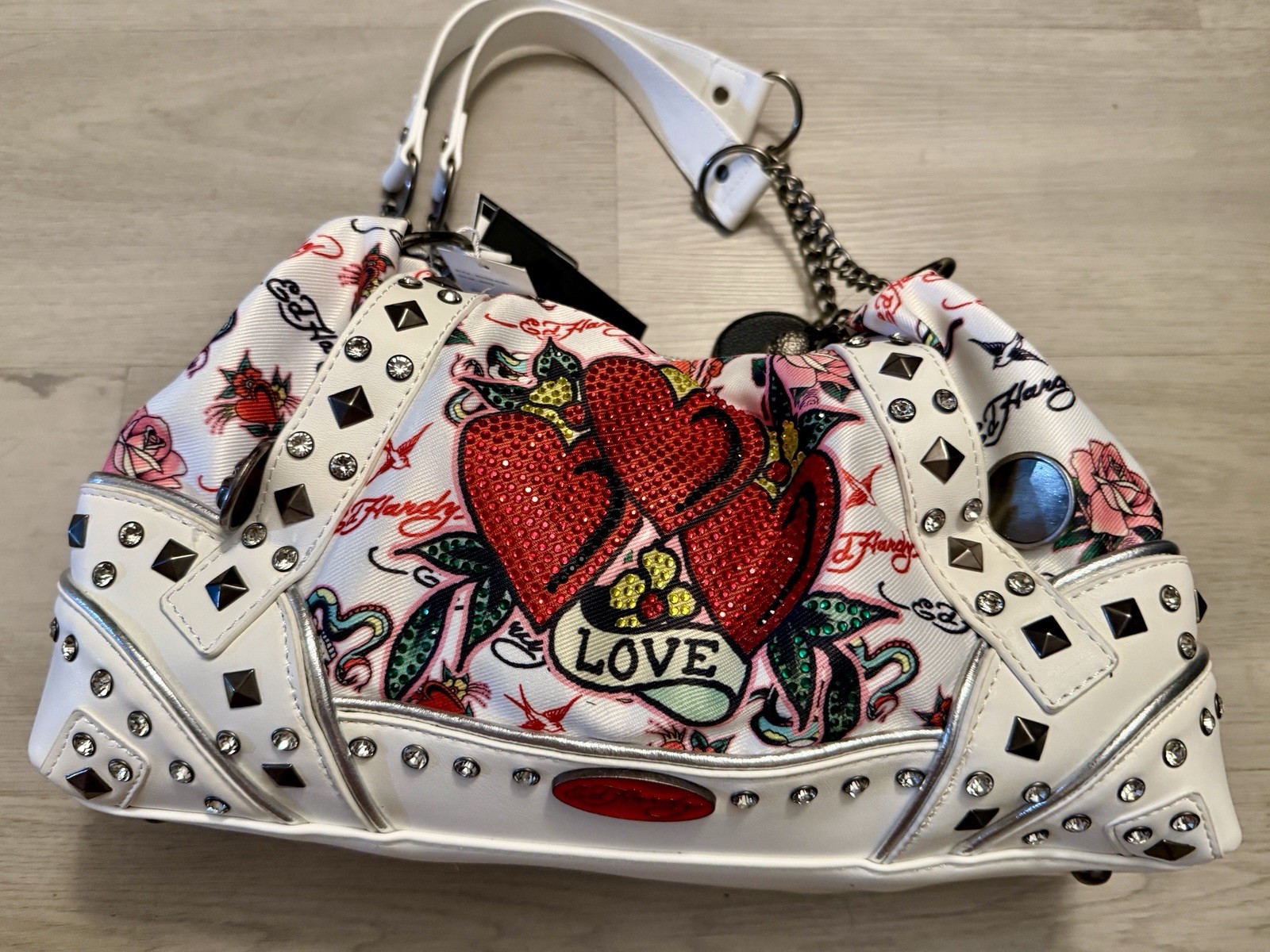 Ed Hardy Studded Rhinestone Hearts Hobo Satchel Shoulder Bag~Roses~Charms~NWT