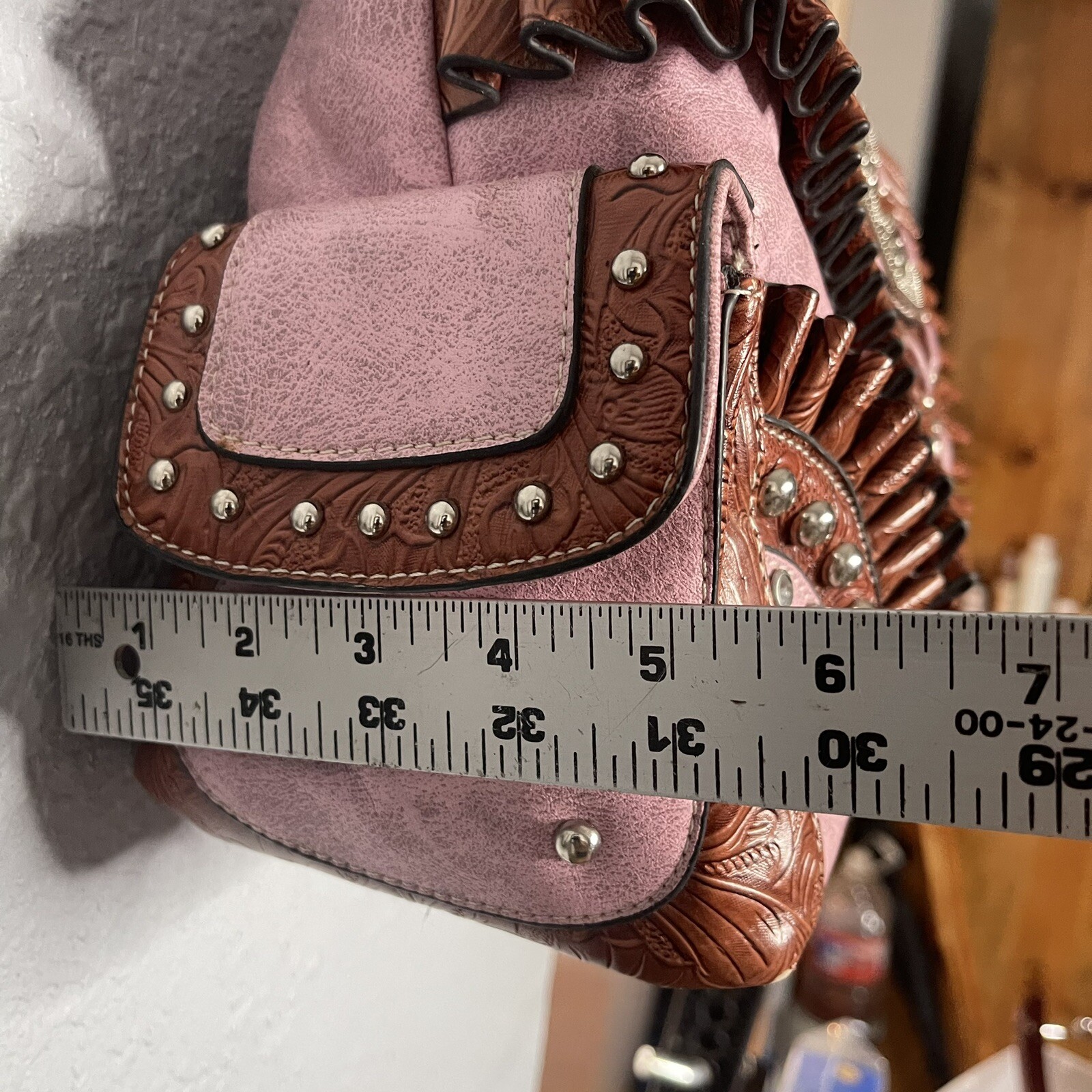 Faux Leather Pink Shoulder Purse Wallet Studded Cross Embossed Ruffle Country