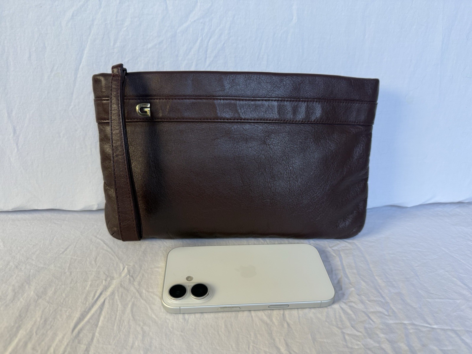Vintage GANSON Leather Clutch Bag Gold G Logo Minimalist 70s 80s Brown