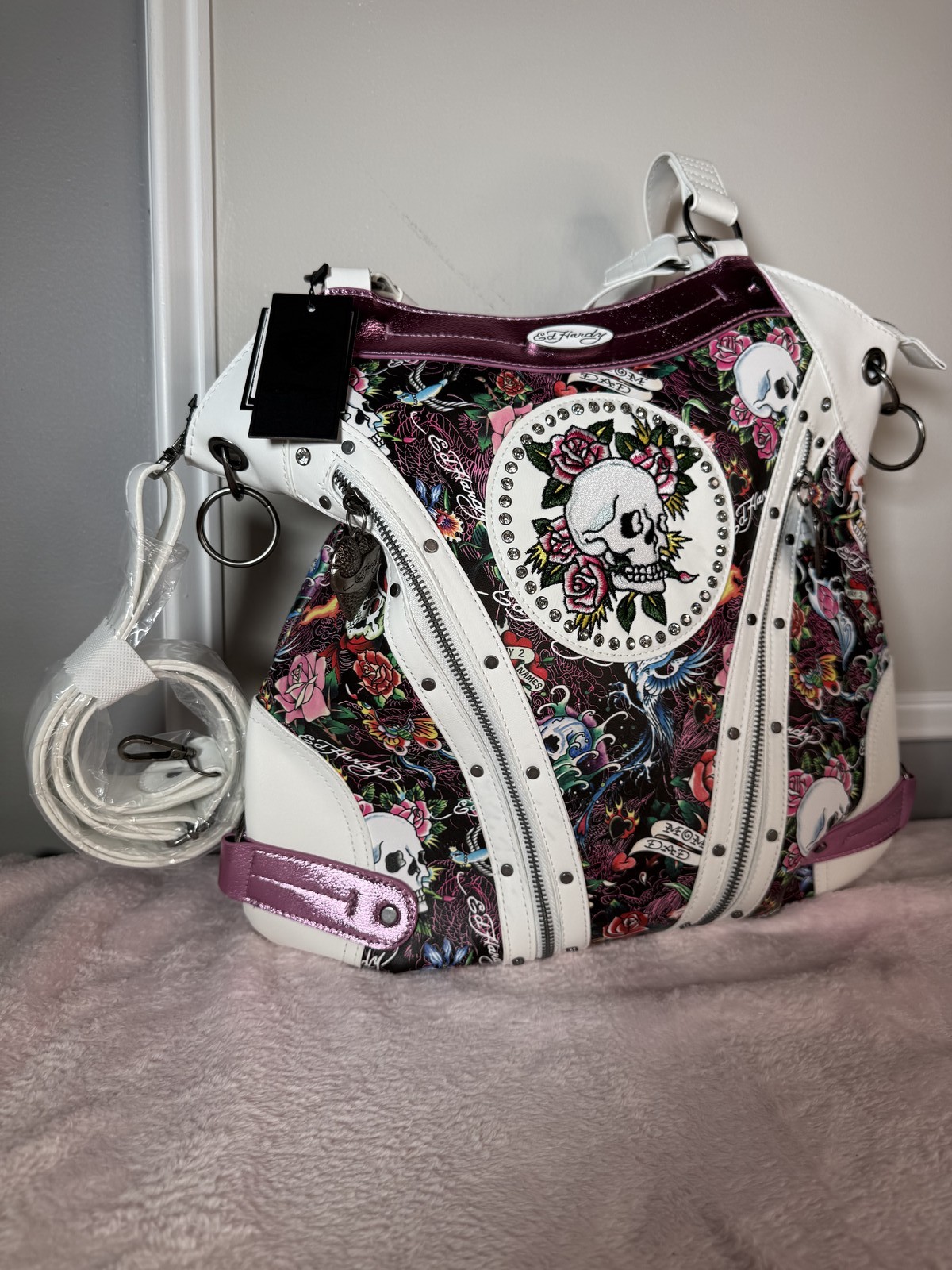 Ed Hardy white leather hobo bag tattoo print