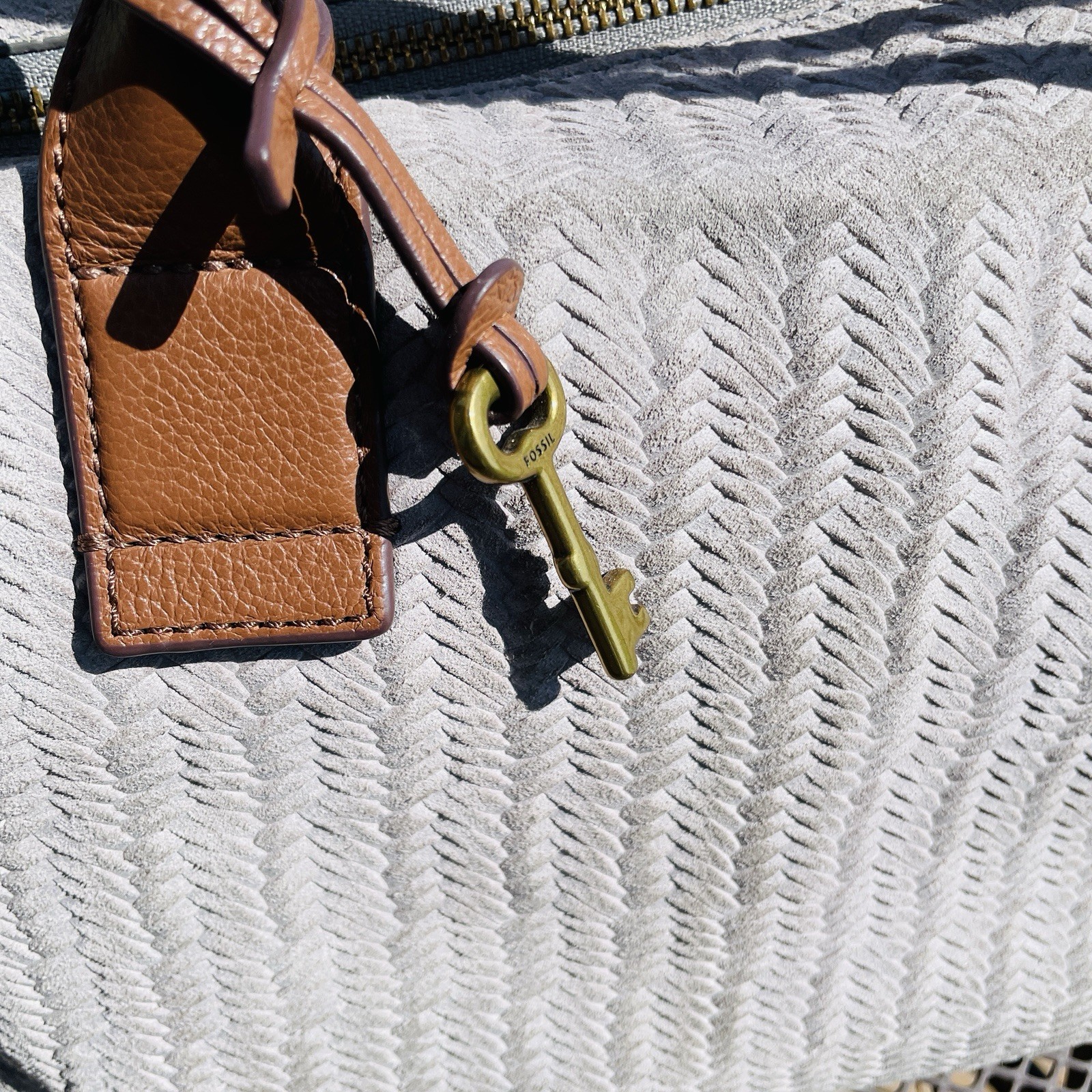 Fossil Fiona Satchel Bag Doctor Western Woven Cowhide Leather Suede Light Grey