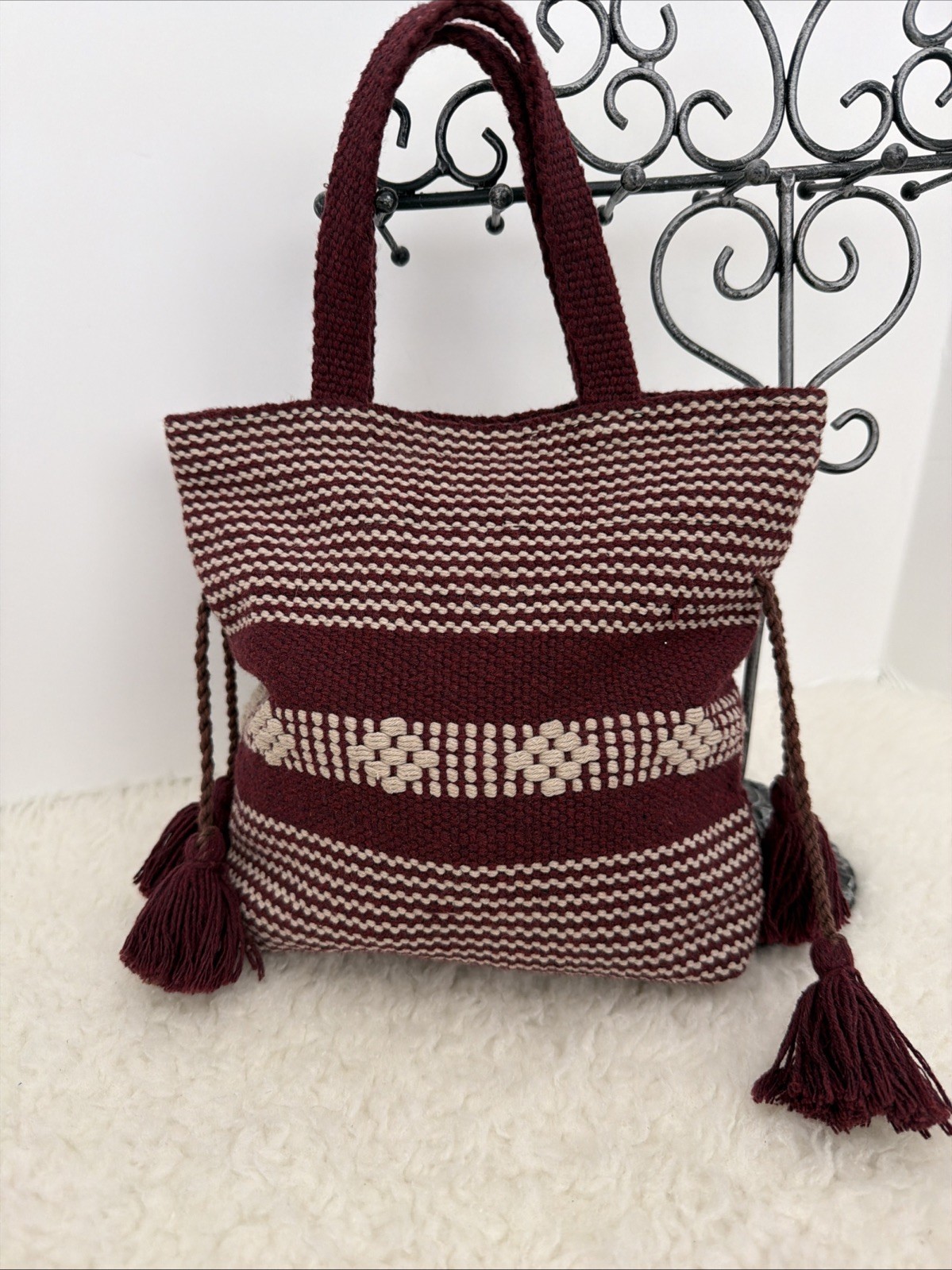 Mini Mochila Woven Tote Bag Boho Colombia Burgundy /Cream Hand Carry