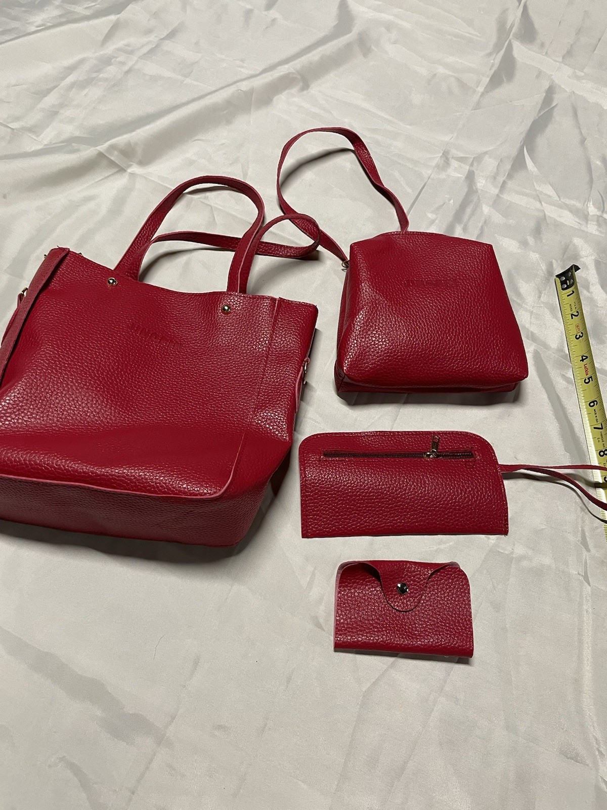 Red Solid Tote Handbag Zip Top Double Handles Gold Hardware w/ Pouch Coin Purse