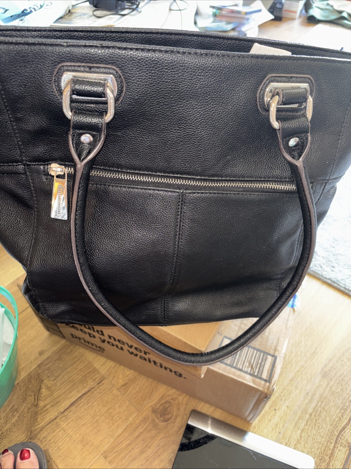 TIGNANELLO LARGE Black PEBBLED LEATHER SHOULDER BAG Purse