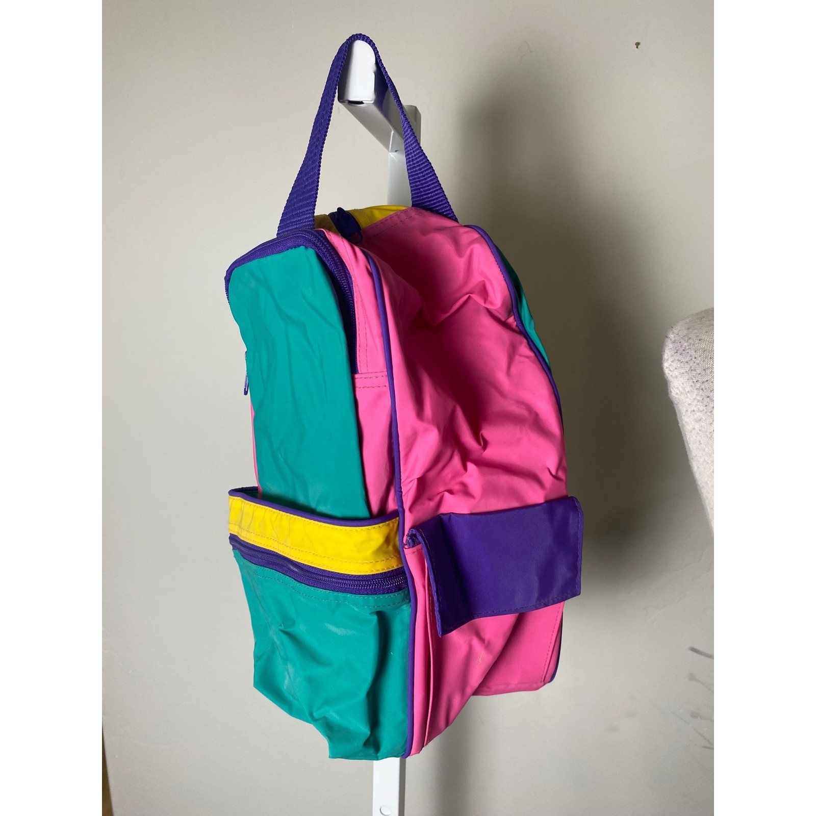 Vintage 80s 90s Colorblock Backpack Pink Yellow Teal Retro Vinyl School Bag