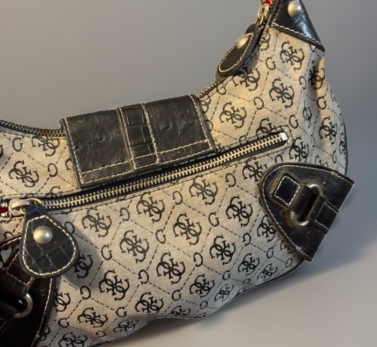 Vintage Y2K Guess Monogram Jacquard Crescent Hobo Bag Gray Croc Buckle Purse