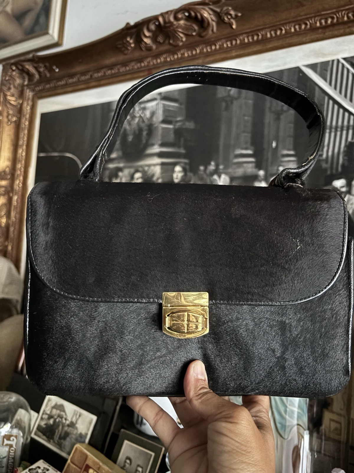 VTG Black Calf Hair Pony Hair Top Handle Handbag Gold Turn Lock Leather Purse