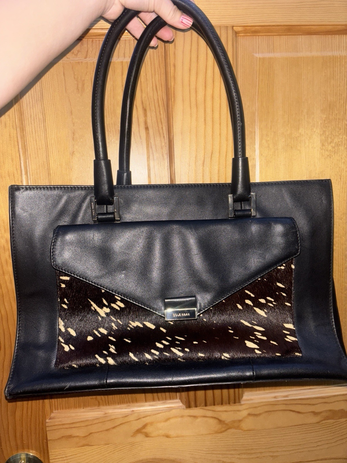 Cole Haan Black Satchel Top Handle Bag Animal Print Front Snap Closure