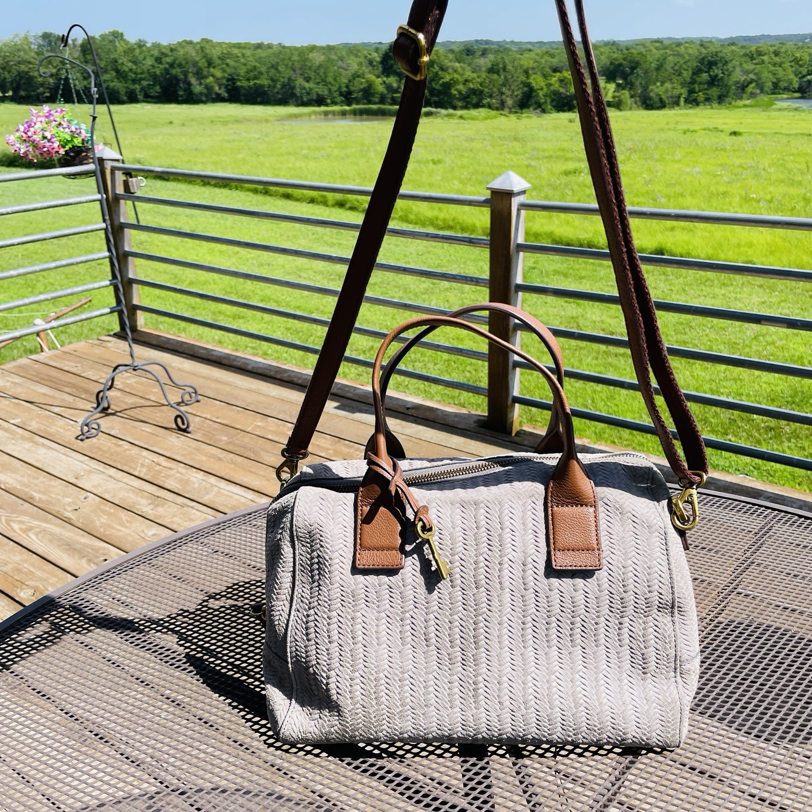 Fossil Fiona Satchel Bag Doctor Western Woven Cowhide Leather Suede Light Grey