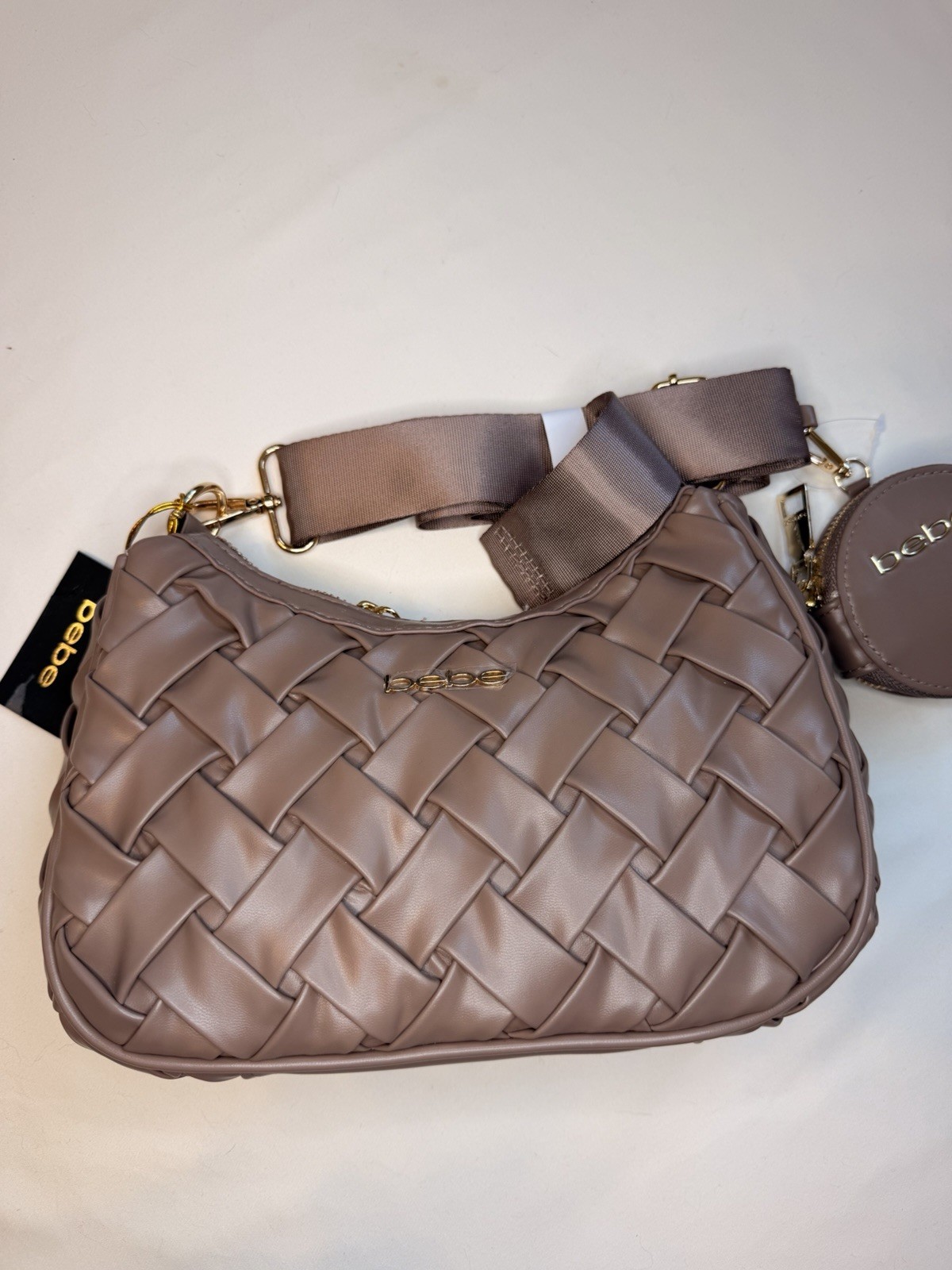Bebe Taupe Woven Shoulder Bag Crescent Zip w/ Adjustable Detachable Strap