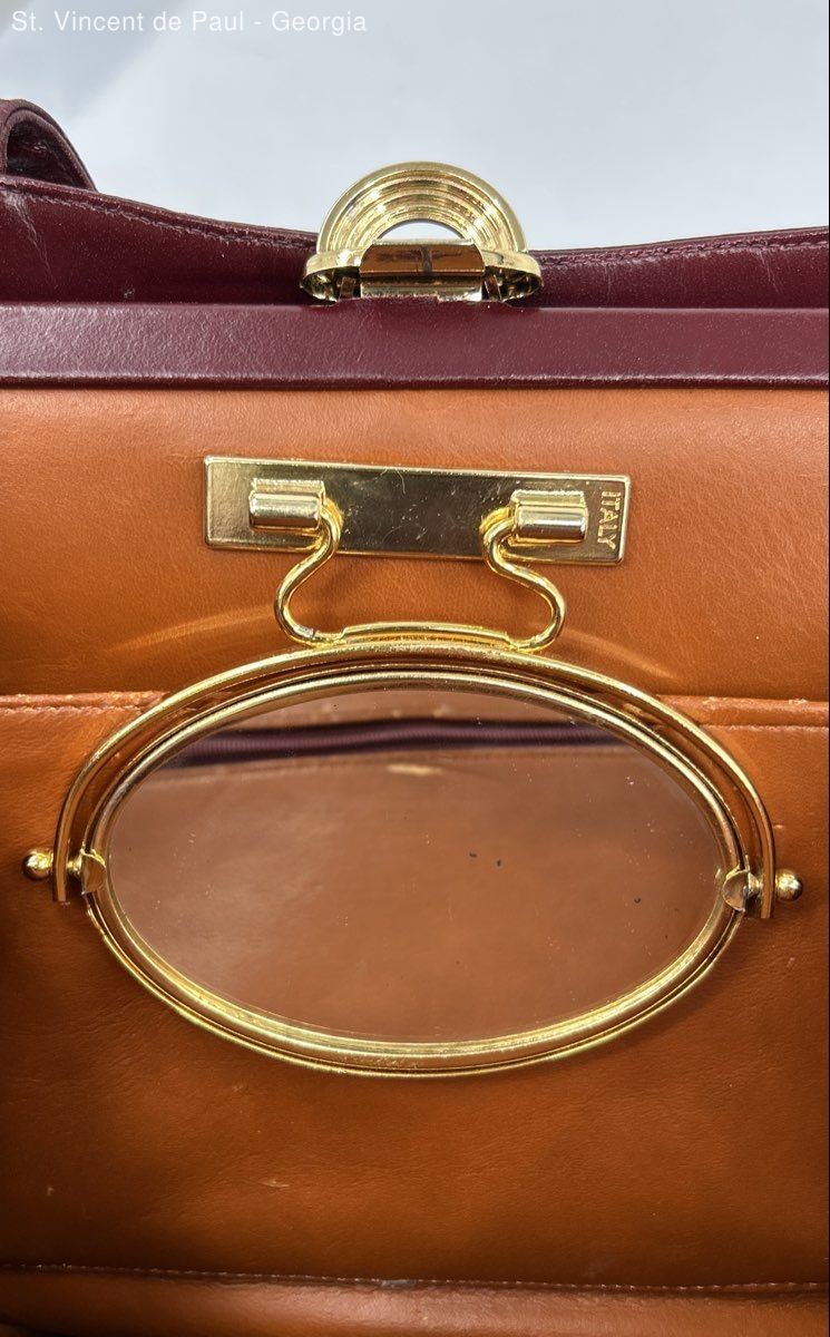 Vintage Lou Taylor Red Leather Pop Up Hinged Mirror Purse Handbag Made in Italy
