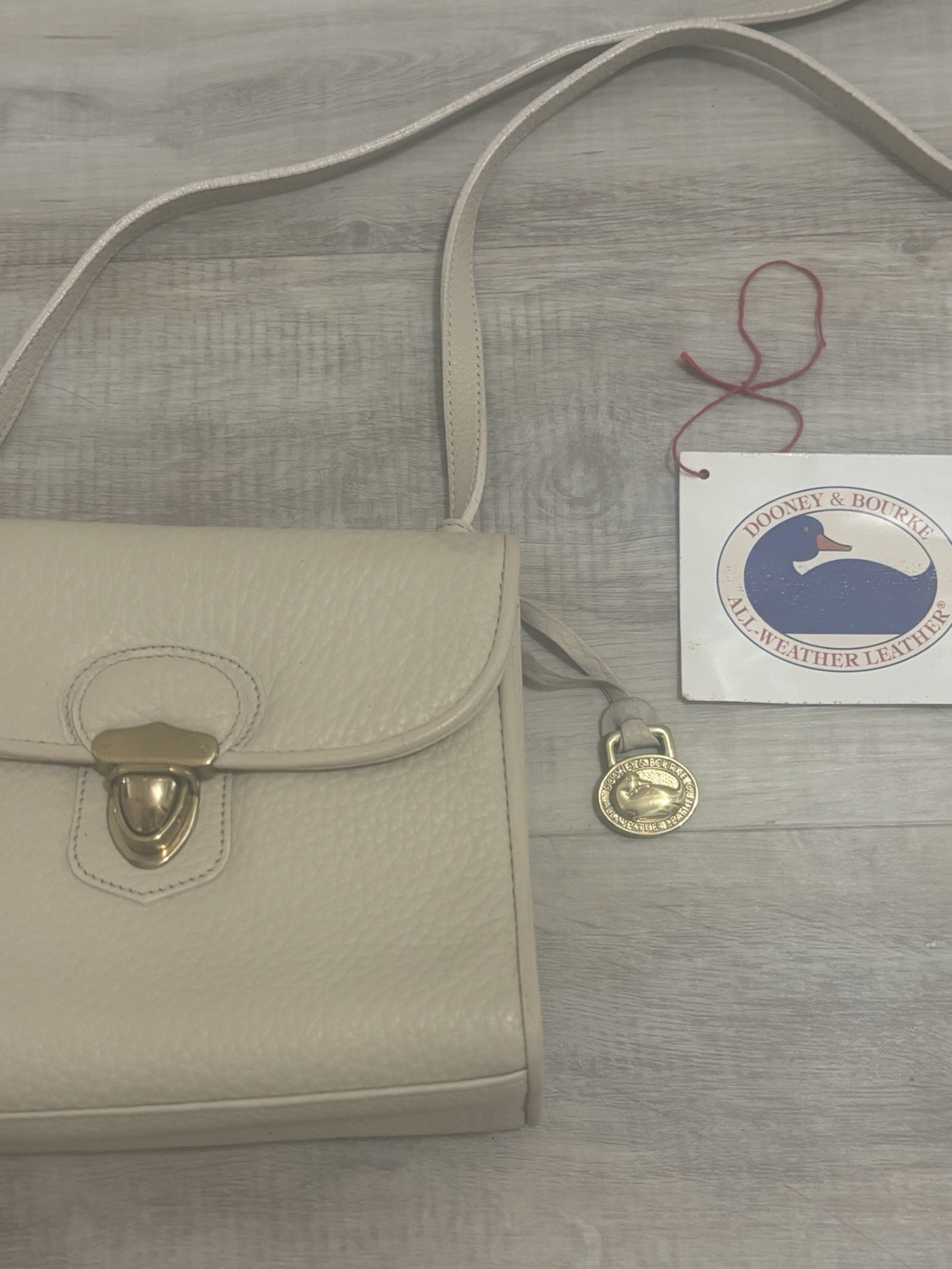 DOONEY & BOURKE Vtg Crossbody Mini Handbag, Cream Pebbled Leather, Brass Accents