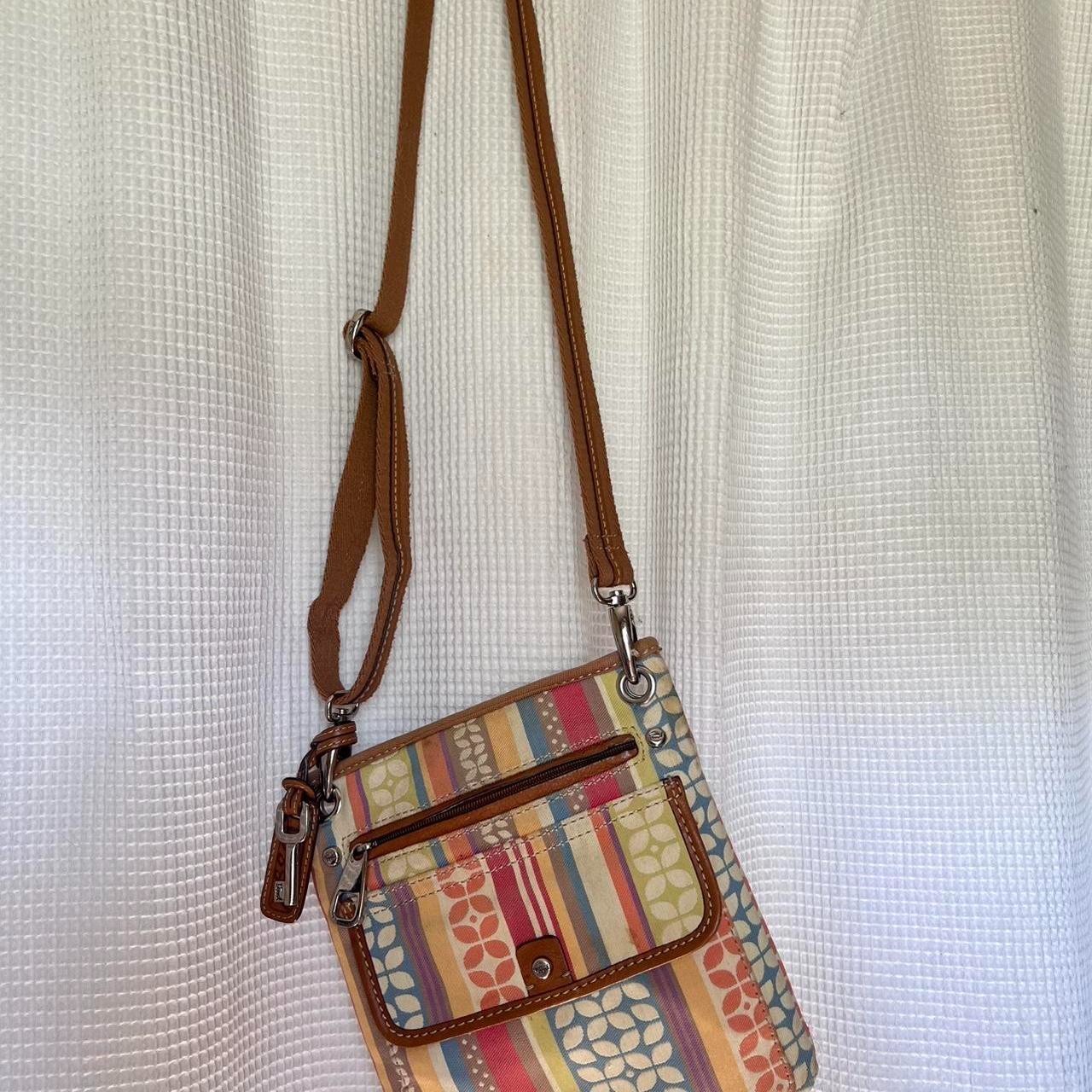 Y2K Fossil Crossbody bag with vertical stripes and repeating leaf-life motifs