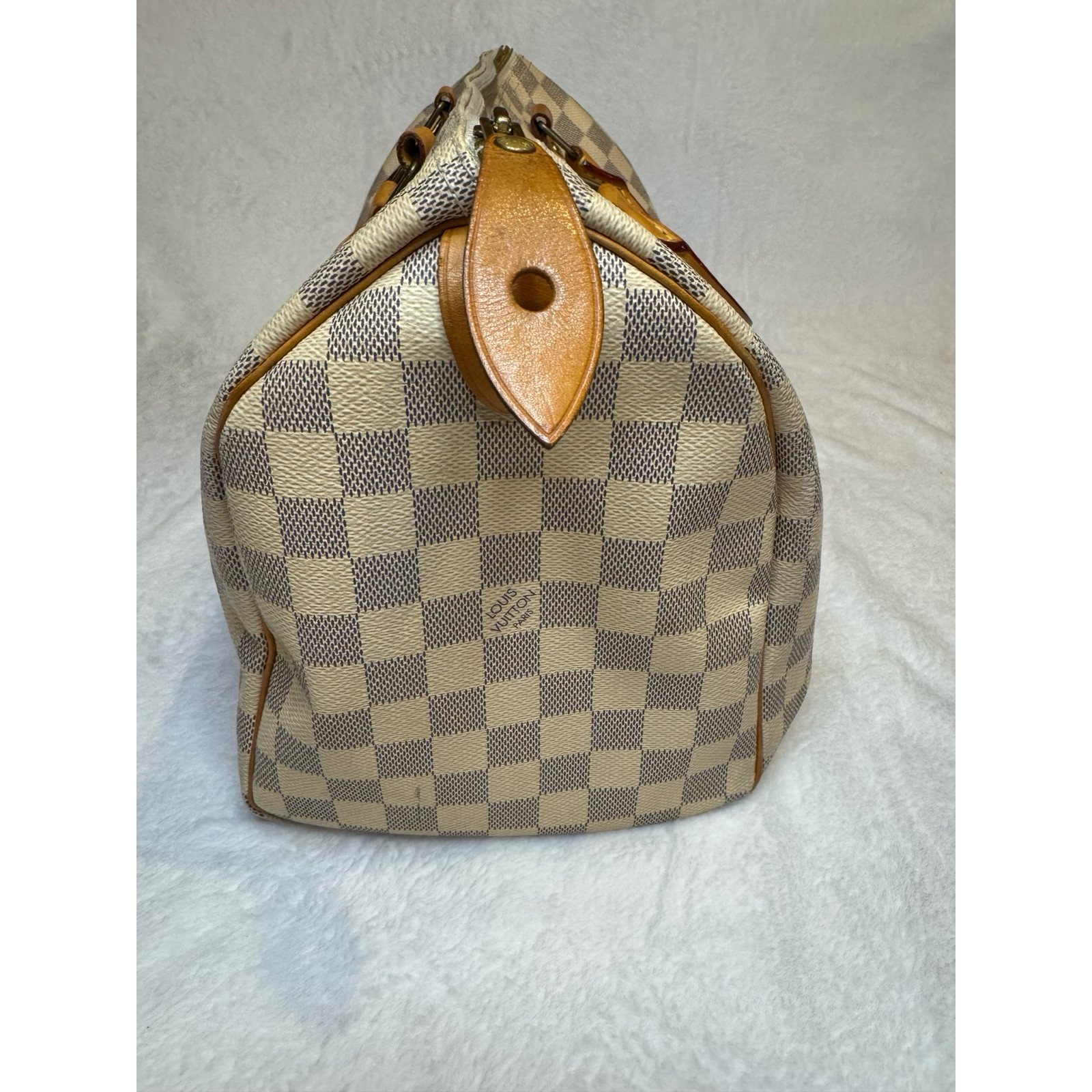 Louis Vuitton Speedy 30 Damier Azur Canvas Vachetta Leather Lock Key Bag Charm G