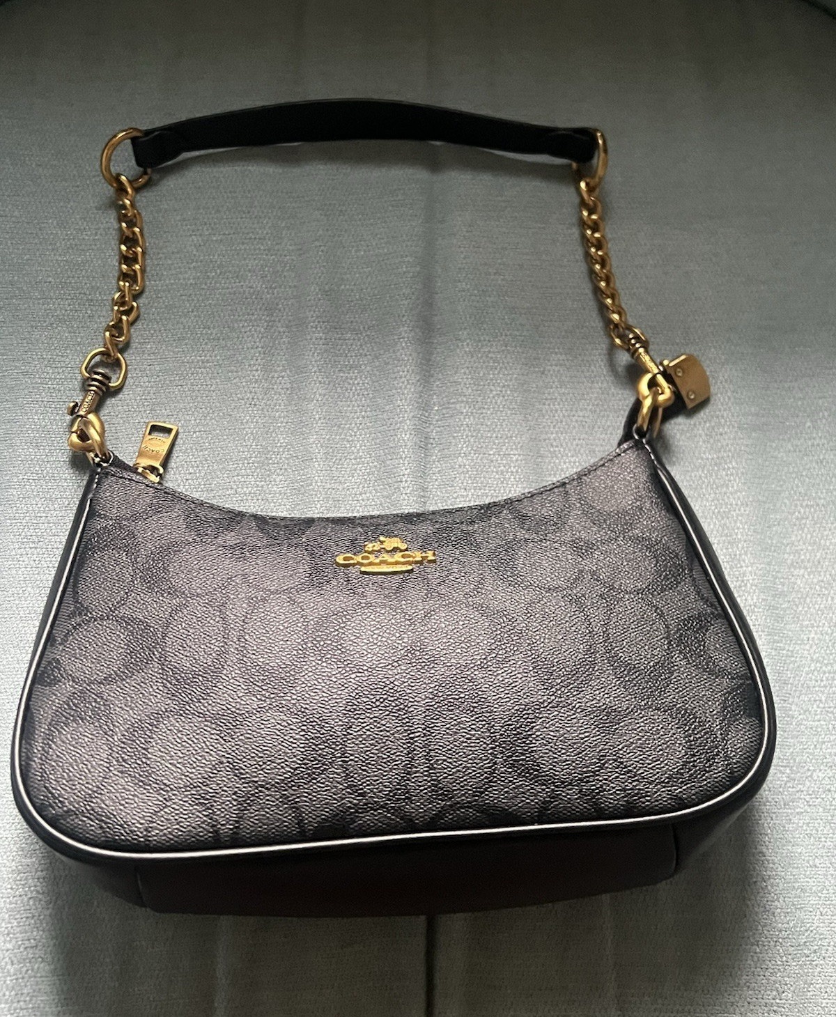 Coach Signature Gray/Black Crescent Small Shoulder Bag Zip Gold Chain Strap