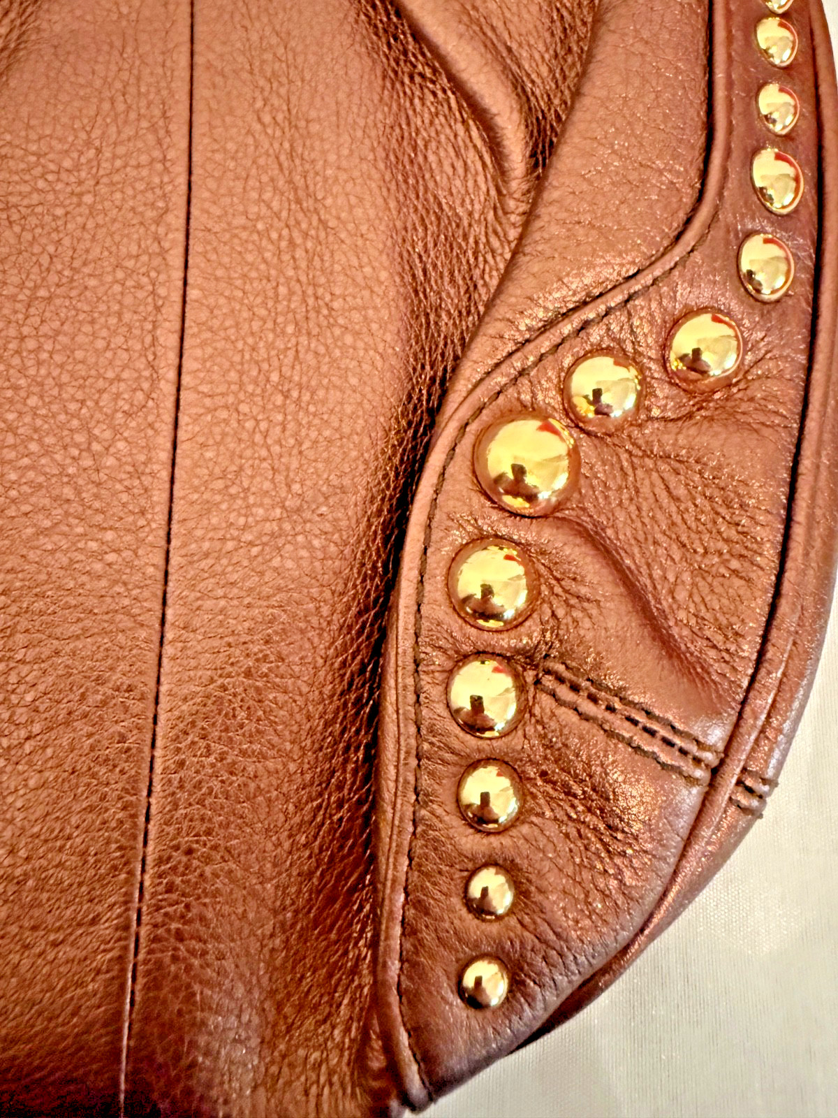 B Makowsky Bronze Metallic Leather Crossbody Bag! Gold Studded & Gorgeous!