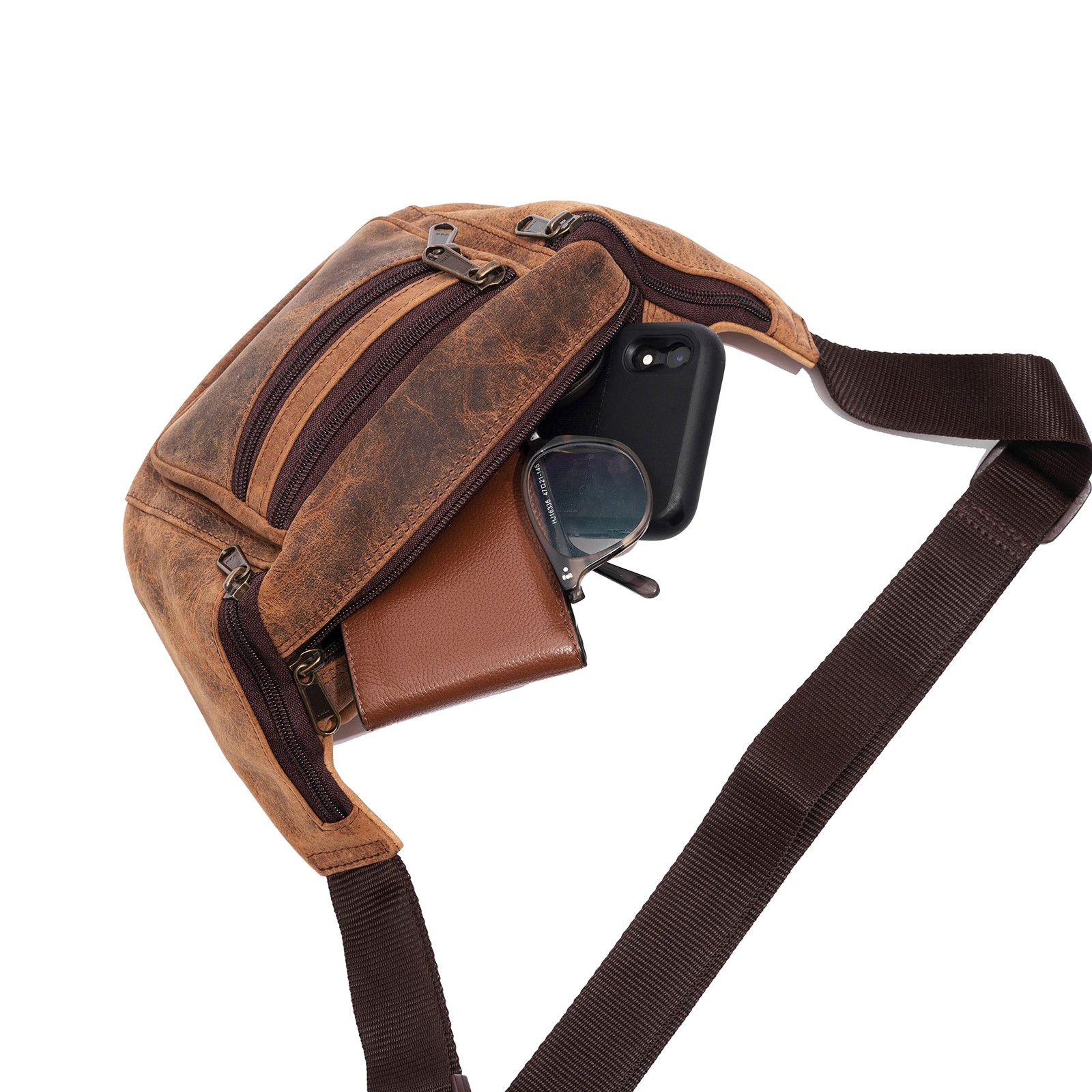 Premium Buffalo Leather Fanny Pack Waist Bum Pouch Multiple Pockets Run