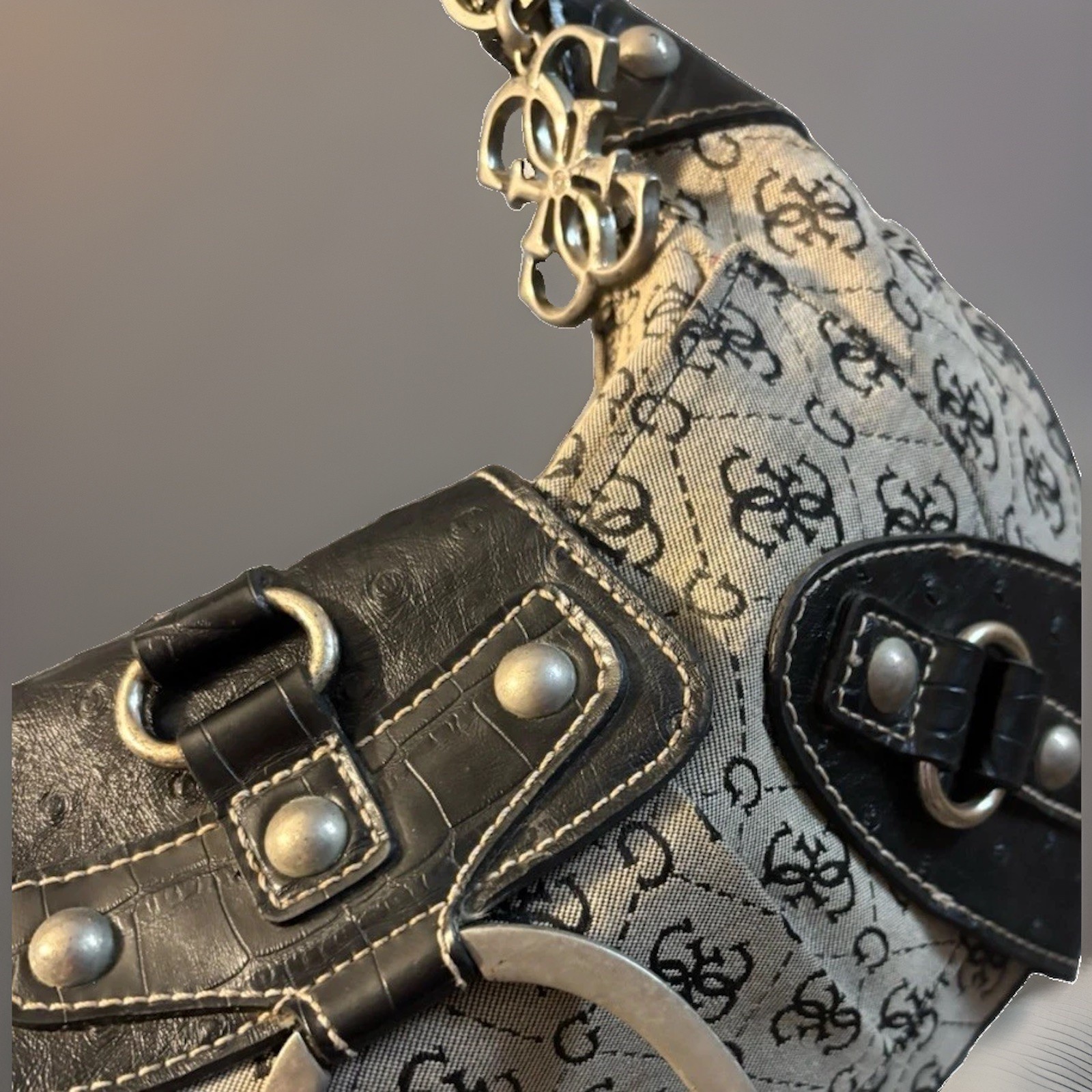 Vintage Y2K Guess Monogram Jacquard Crescent Hobo Bag Gray Croc Buckle Purse