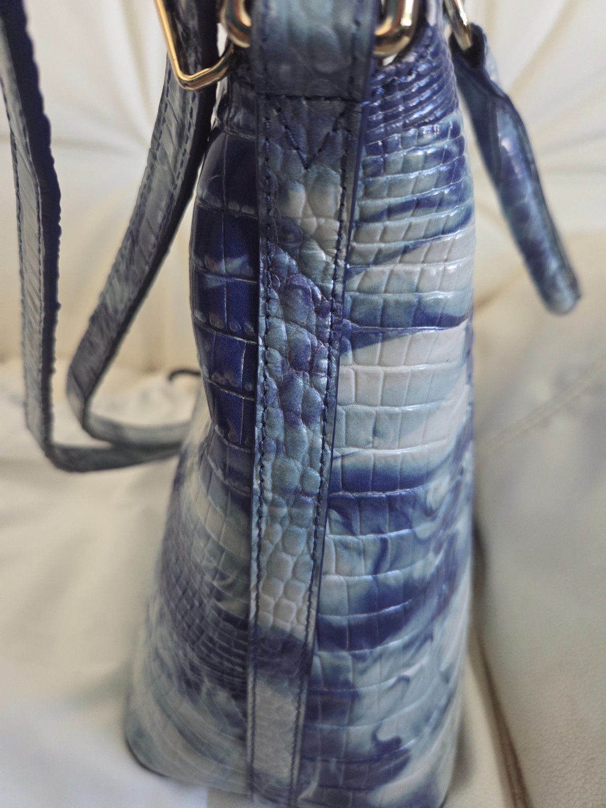 Brahmin blue & teal chambray melbourne large duxbury satchel EUC.