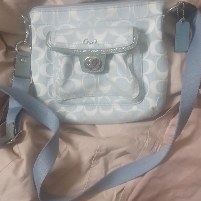 Coach Light Blue & White Logo Crossbody Bag w/ Detachable Strap, Zip & Turn Lock