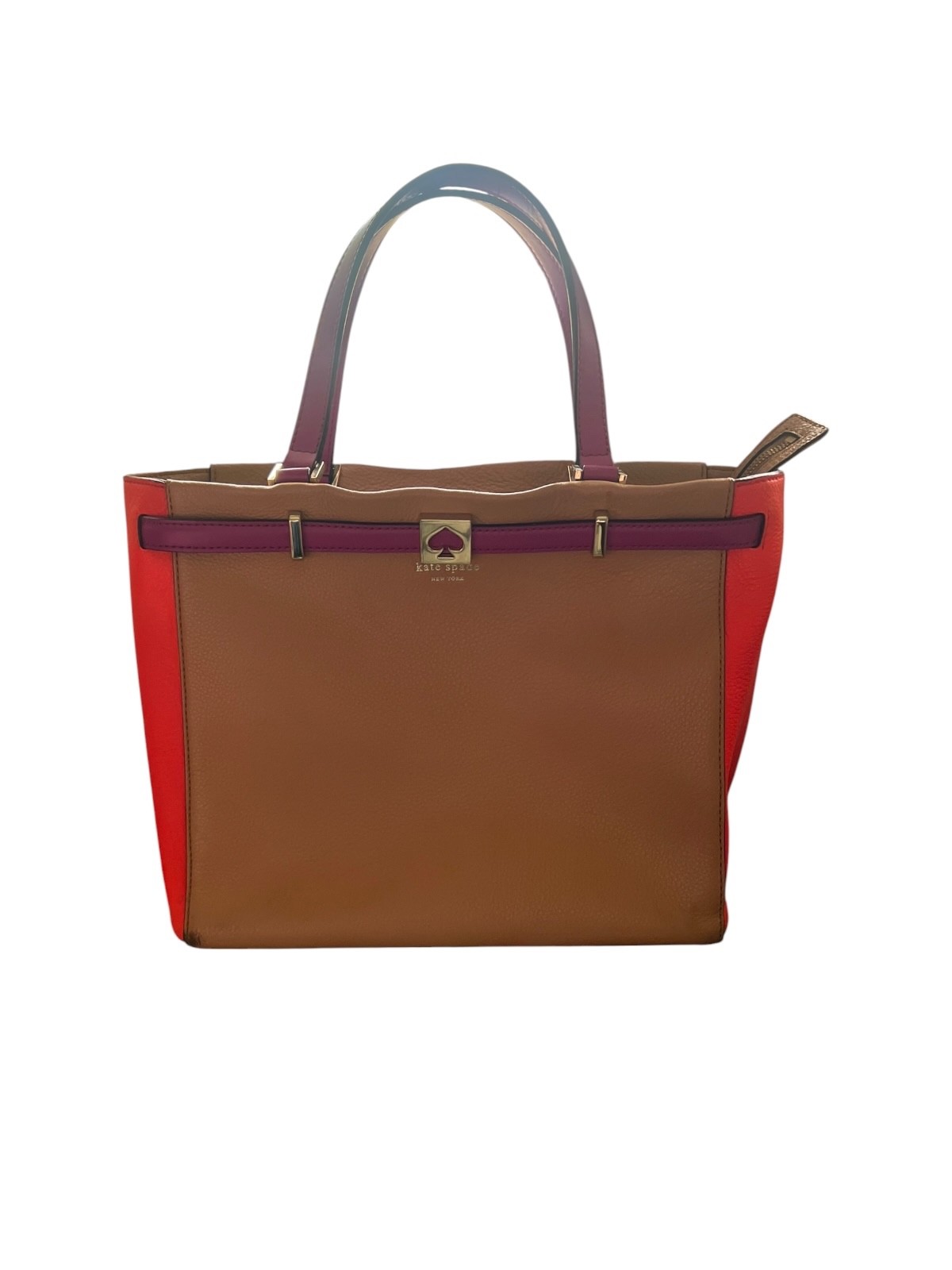 Kate Spade New York Pebbled Leather Colorblock Tote Bag Tan Red Purple