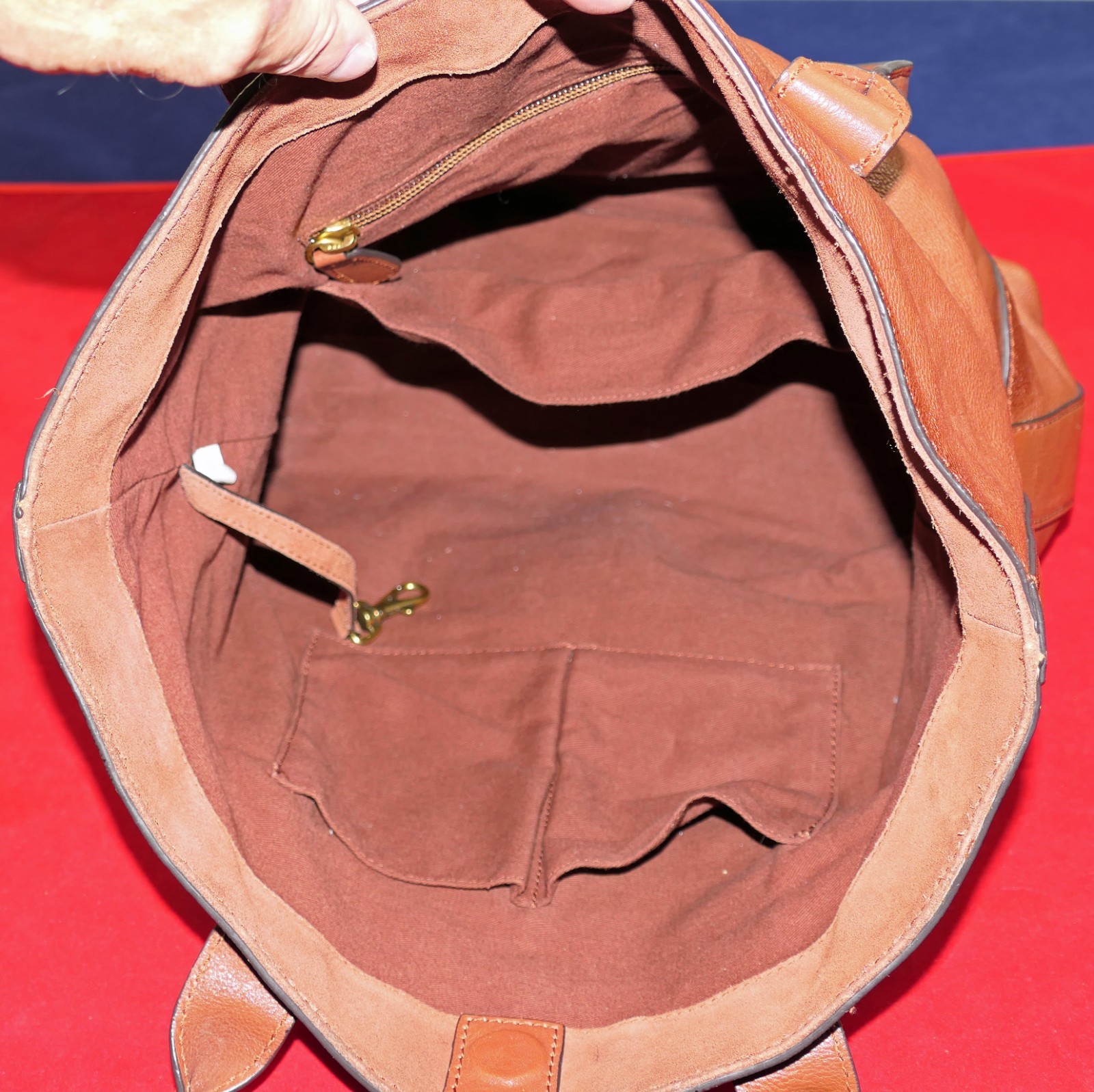 FRYE COGNAC LEATHER DUAL-HANDLE MAGNETIC-CLOSURE FABRIC LINED BRASS~TRIM BAG