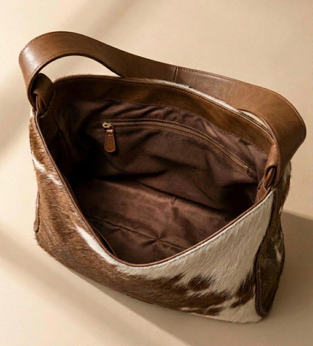 Genuine Cowhide Leather Tote Bag Hair-On Brown White Shoulder Handbag Western