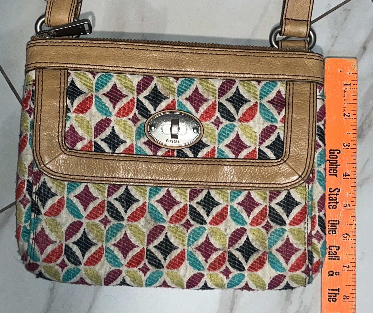 Fossil Colorful Geometric Crossbody Bag Adjustable Leather Strap Zip & Turn Lock