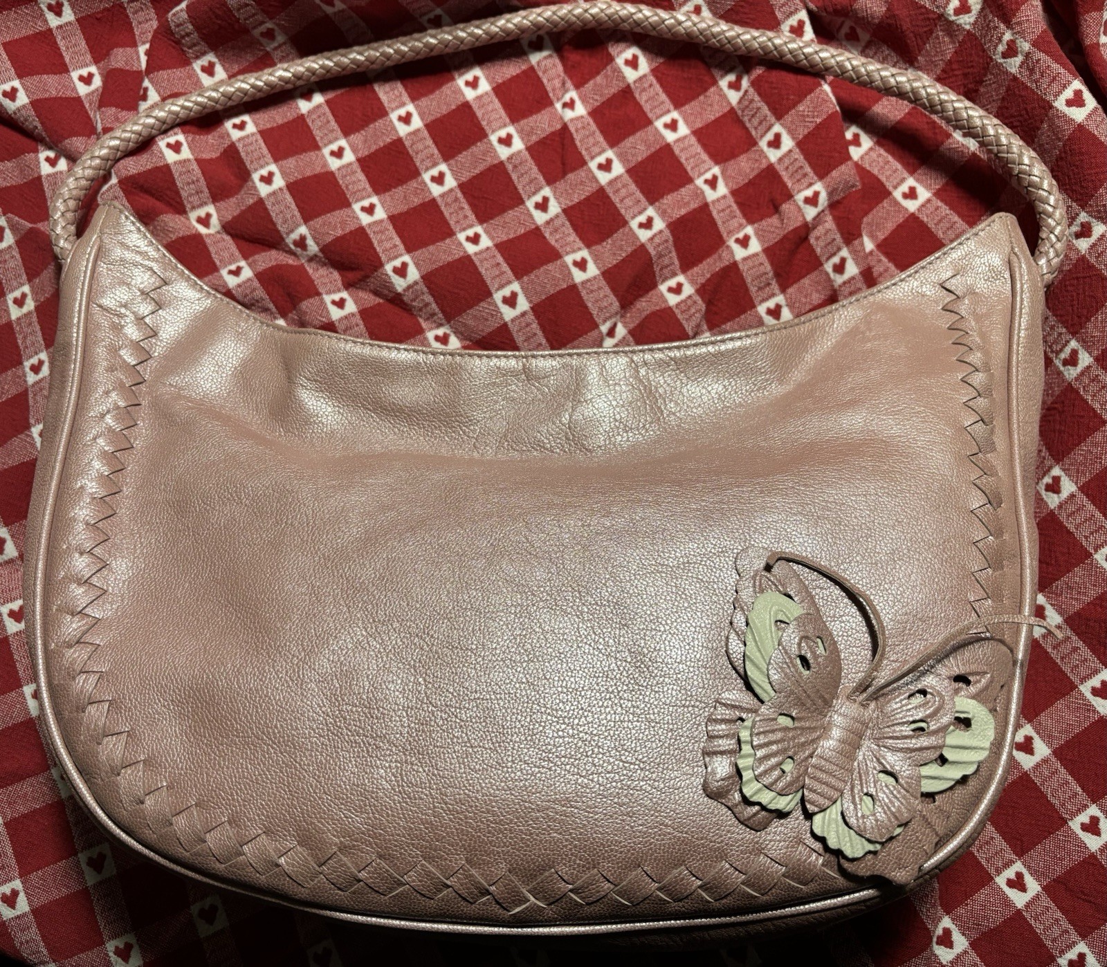 Vintage Via Spiag Pink Leather Shoulder Bag Butterfly & Braided Accent & Zippers