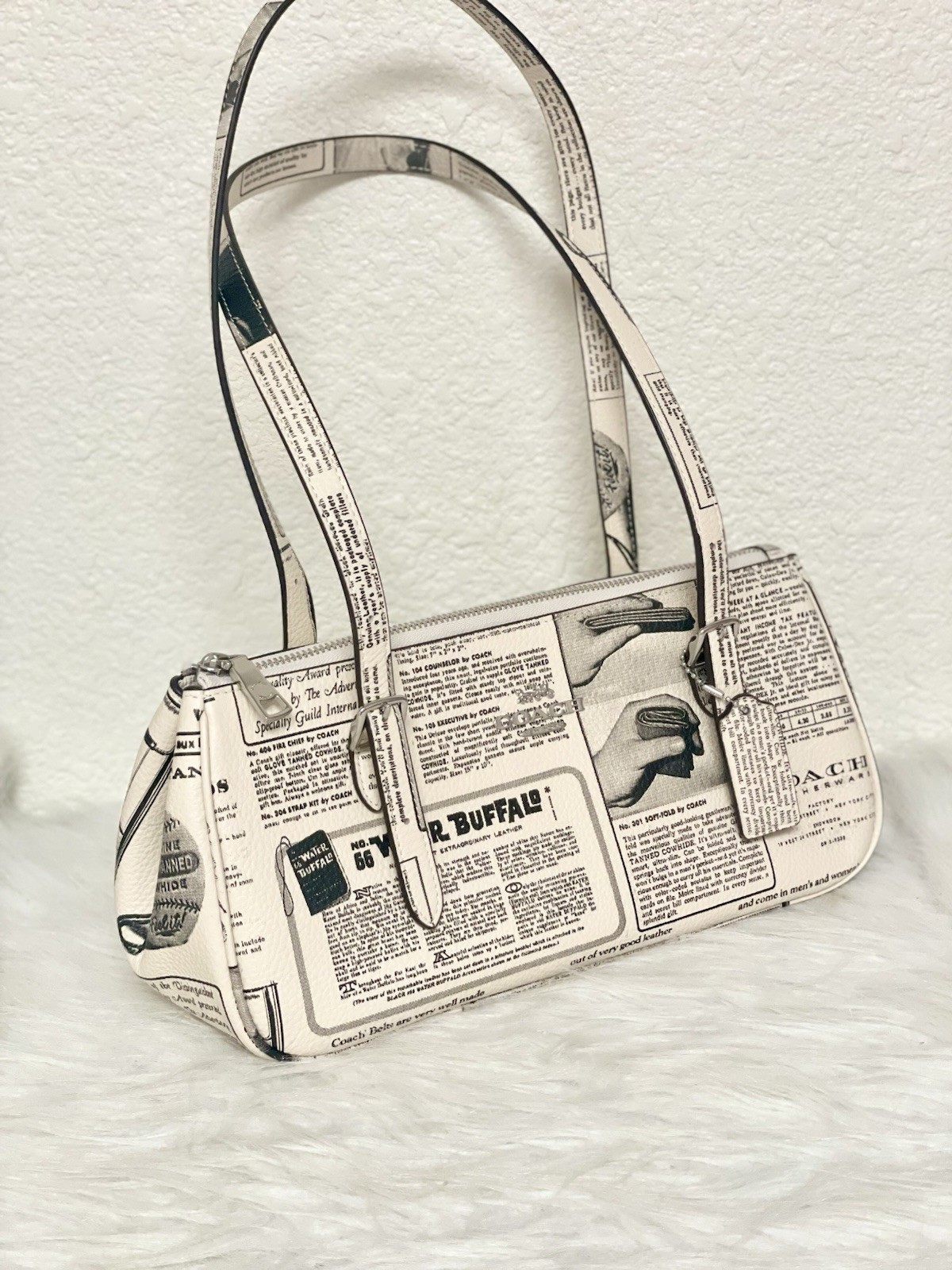 NWT Coach Asher Newspaper Print Shoulder Bag CDC11 In Silver/Chalk Multi