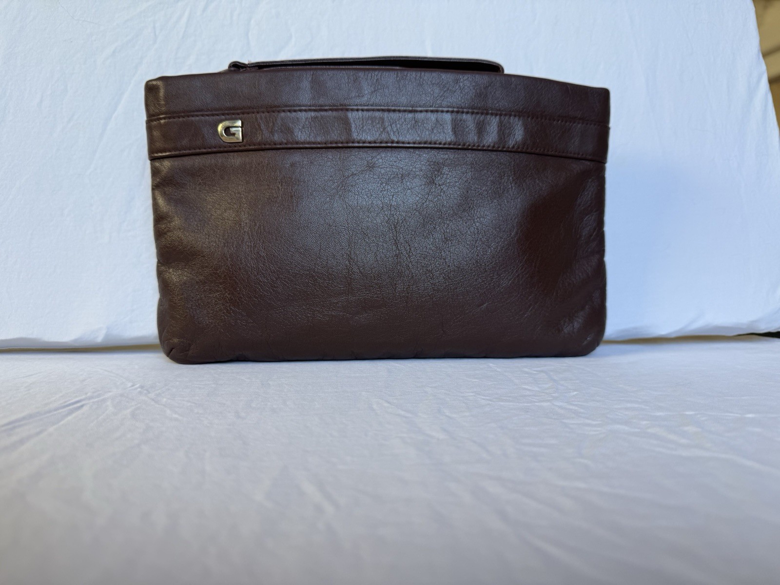 Vintage GANSON Leather Clutch Bag Gold G Logo Minimalist 70s 80s Brown