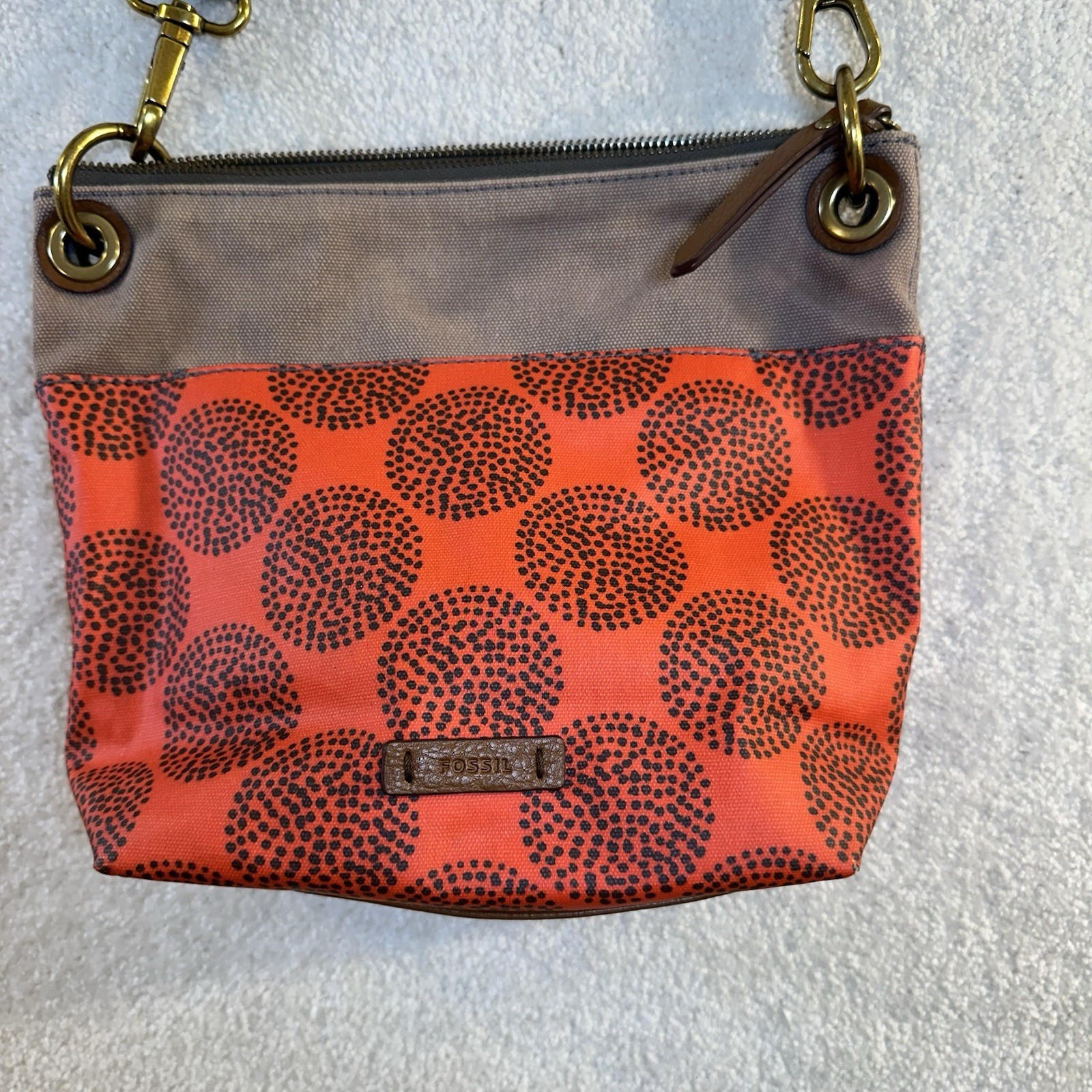 Fossil Leah Orange Gray Brown Canvas Handbag, Purse, Crossbody Bag