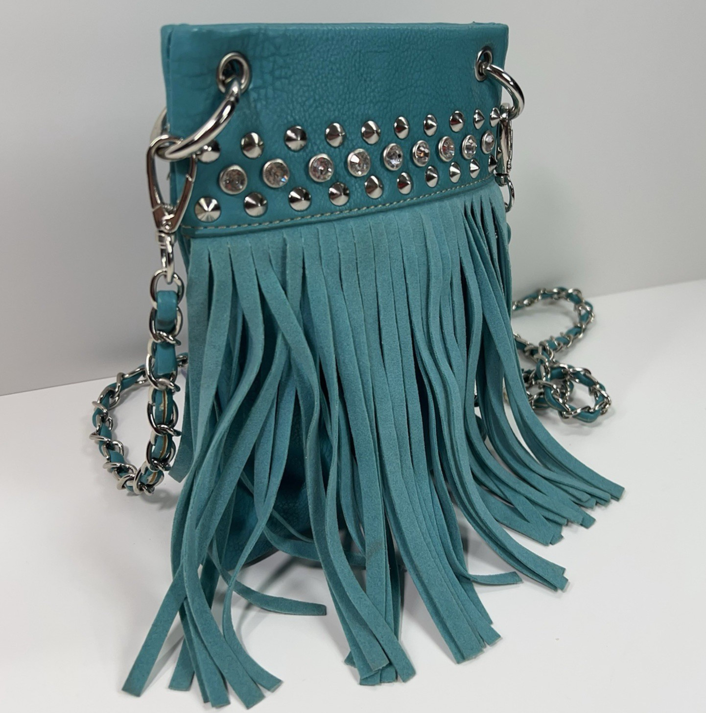 APT 9 Faux Leather Rhinestone Studded Crossbody Bag Chain Link Fringe Turquoise