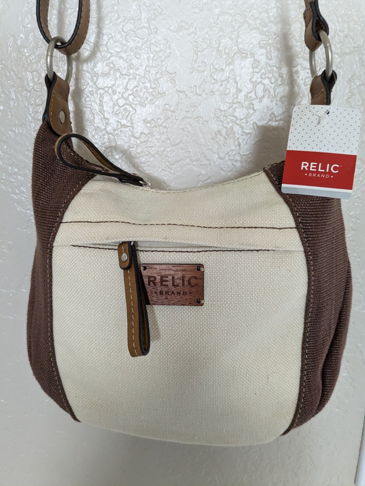NWT Relic Crossbody Coastal Shoulder Purse Leather Full Zip Brown/Ivory