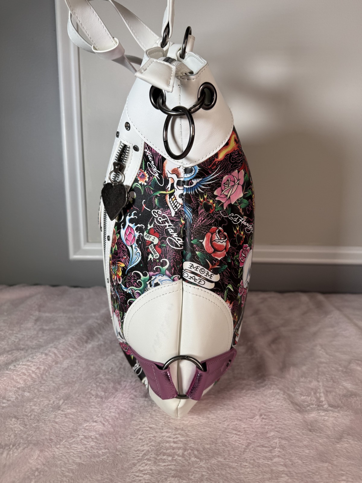 Ed Hardy white leather hobo bag tattoo print