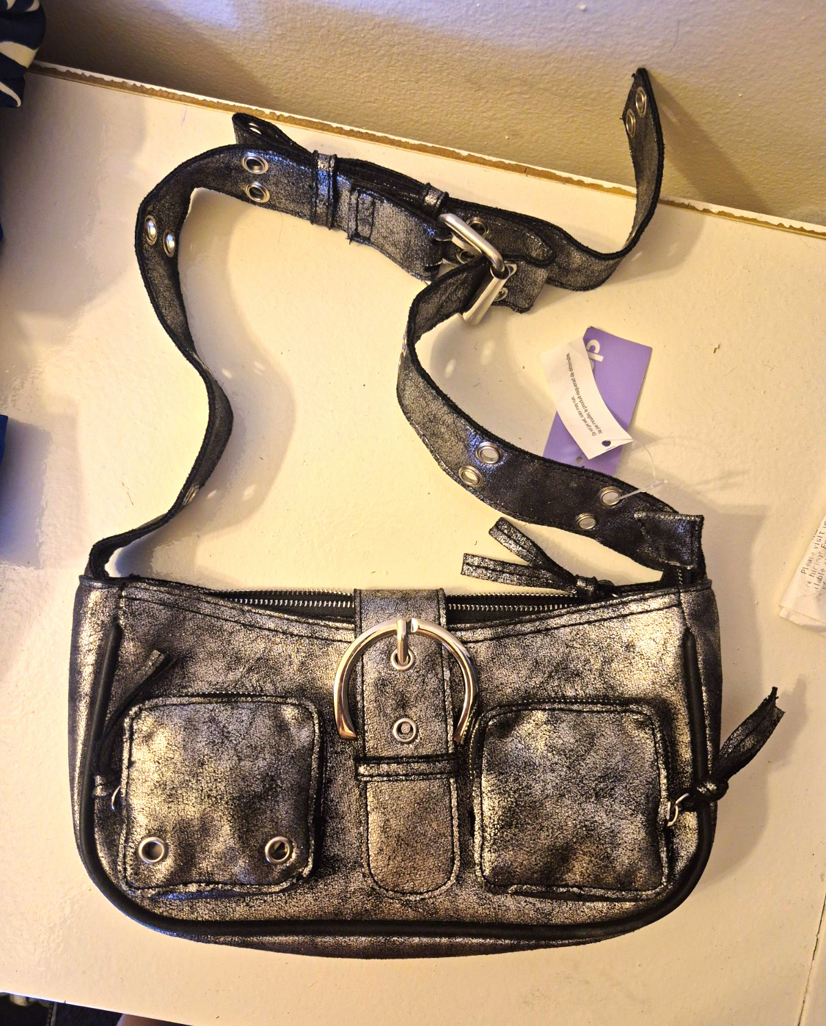 Claire’s Silver/Black Metallic Small Shoulder Bag Zip, Adj Strap, Buckle