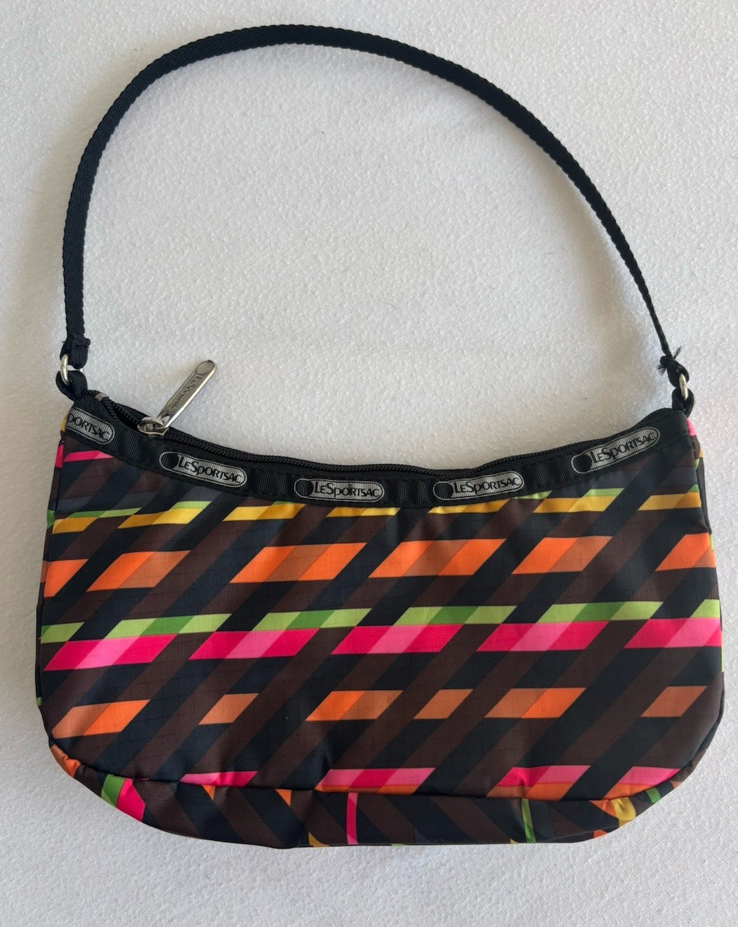 Le Sportsac Mini Shoulder Hobo Brown Geometric Neon Rainbow Top Handle Purse
