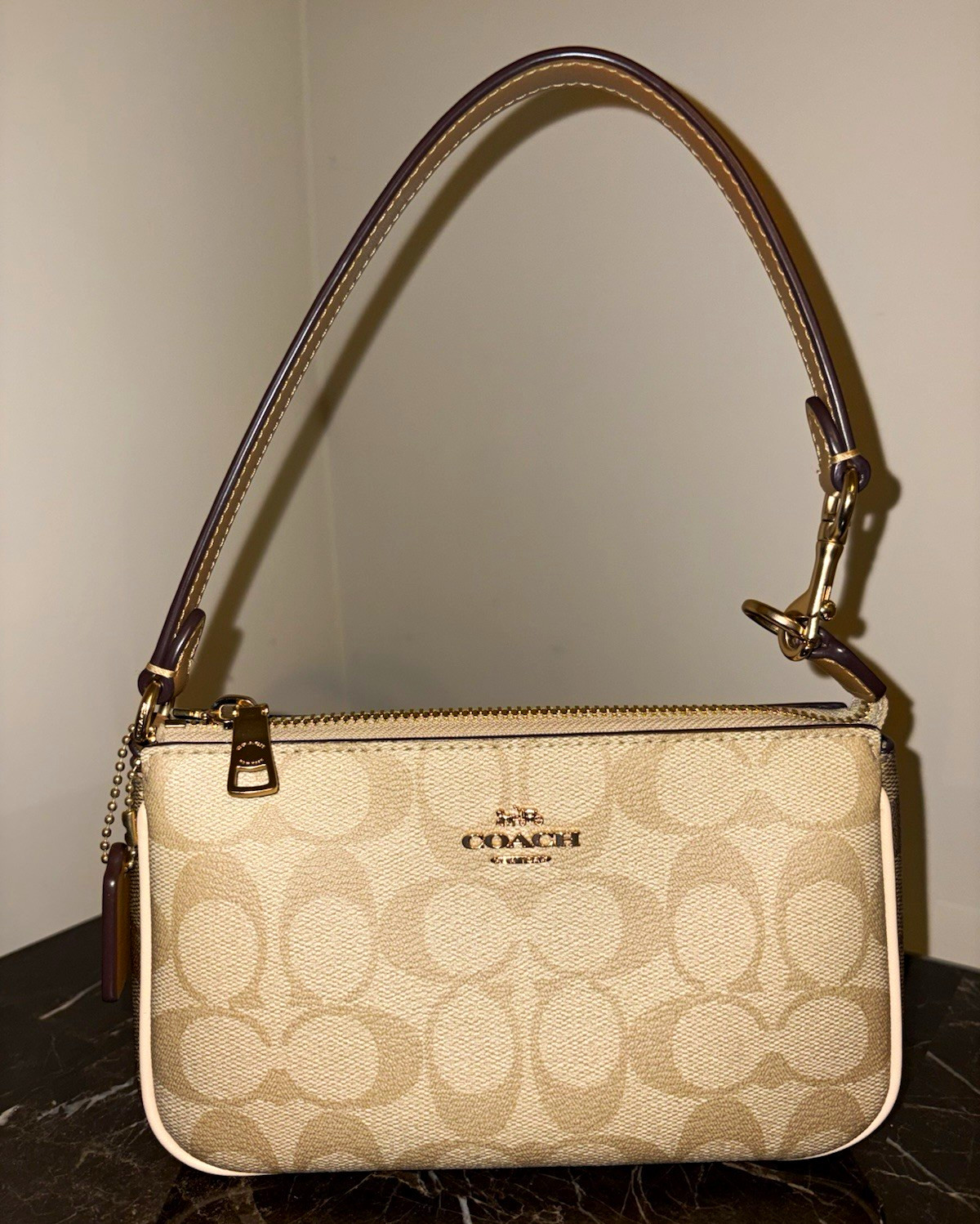 Coach Signature Logo Small Shoulder Bag Zip Top Charm Tan Strap Beige Brown.