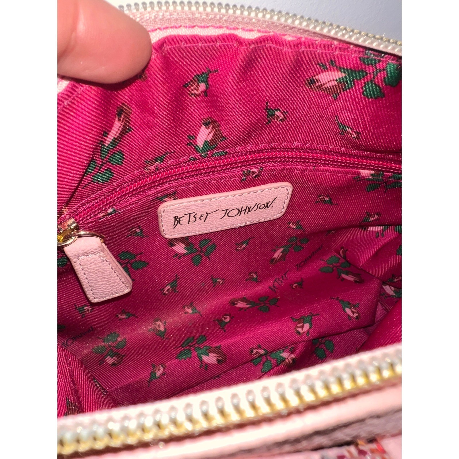 RARE Betsey Johnson Pink Sequin Bow Crossbody Bag Gold Hardware Heart Key Charm