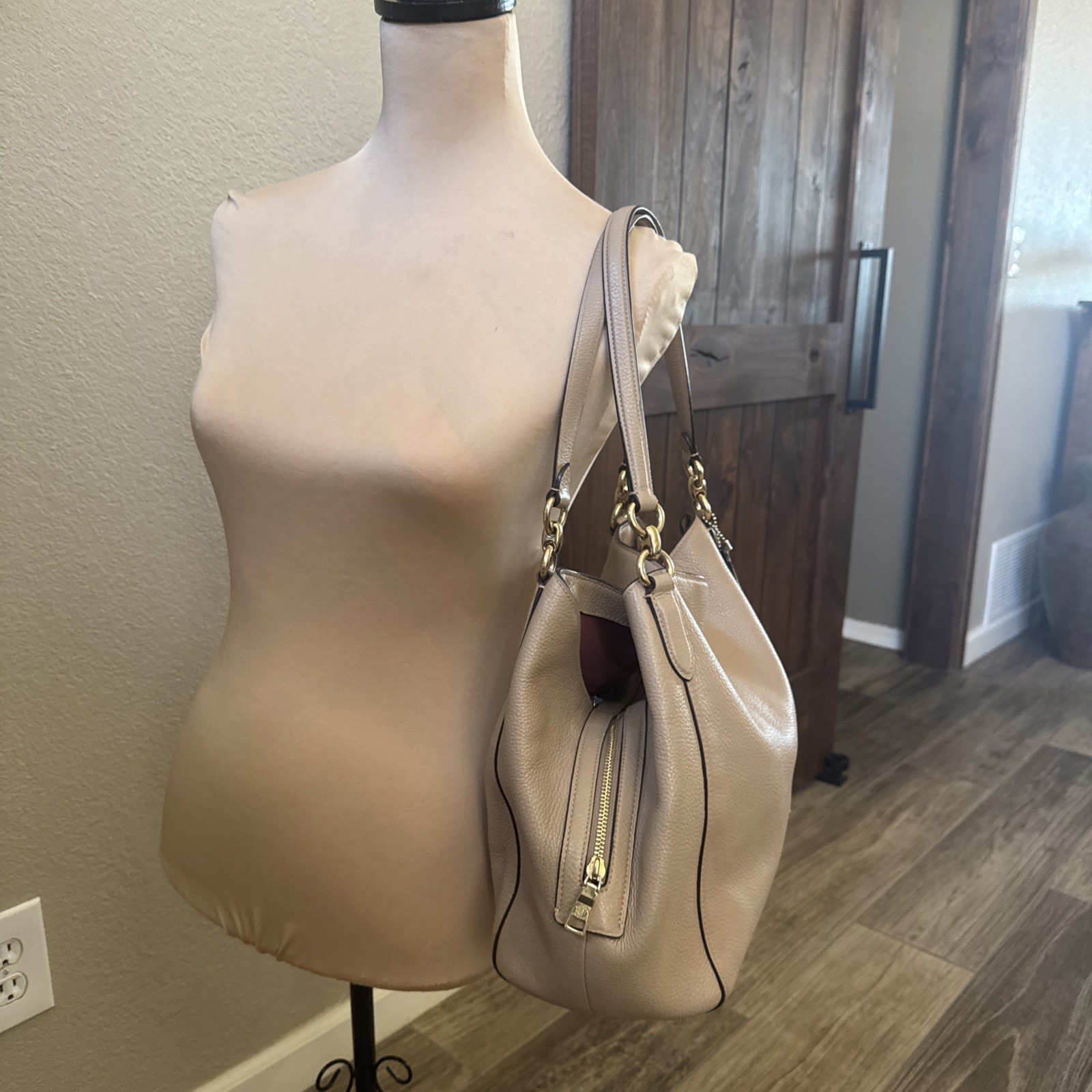 Coach Hallie 3 compartment shoulder bag taupe with burgundy color interior 80268
