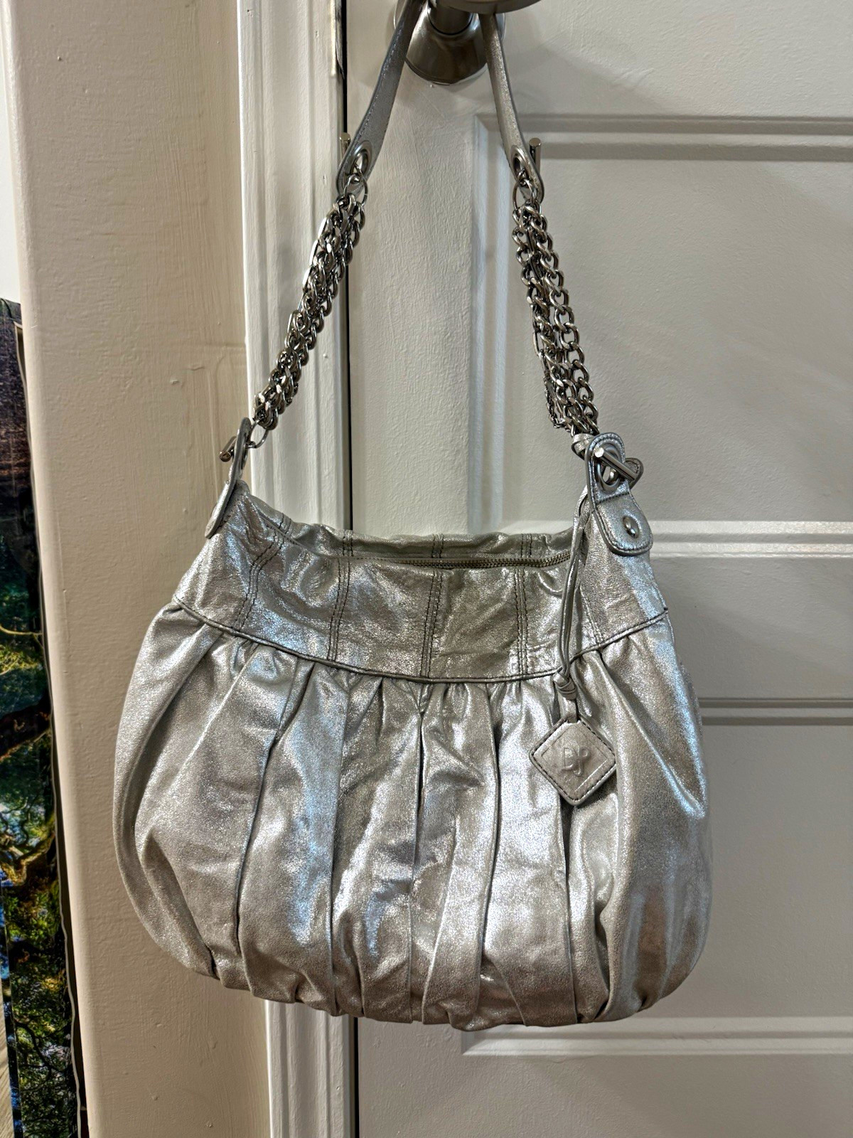 Donald J Pliner Silver Metallic Pleated Shoulder Bag Chain Strap Zip Detach NWOT