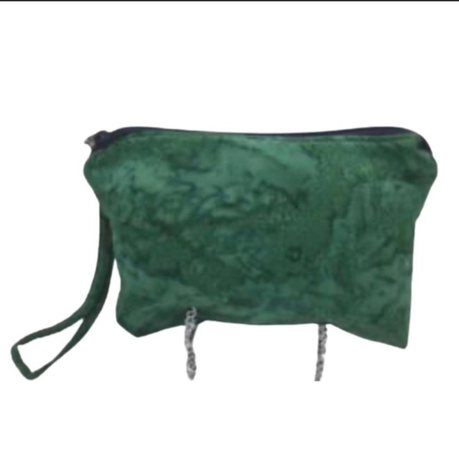 Small zipper wristlet pouch, upcycled purse accessories, green cotton fabric