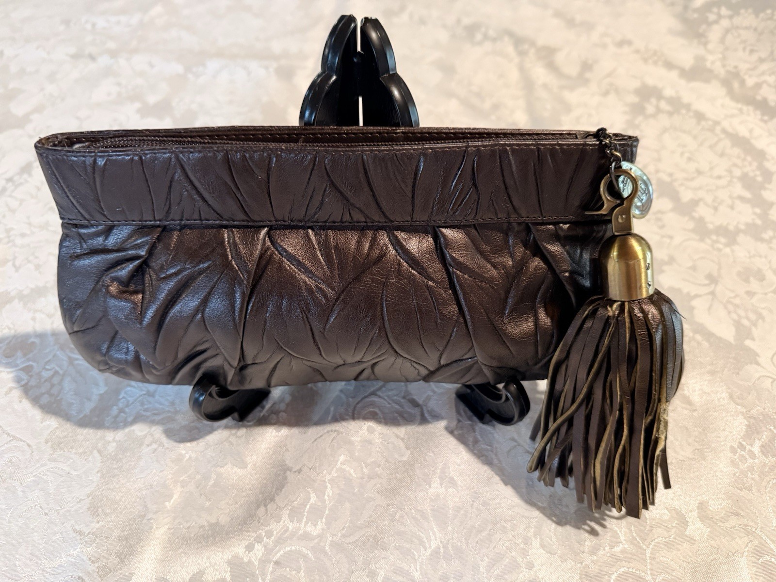 Women’s Brown Pleated Zip Clutch Wrist Strap Tassel Charm Lined Gold Hardware