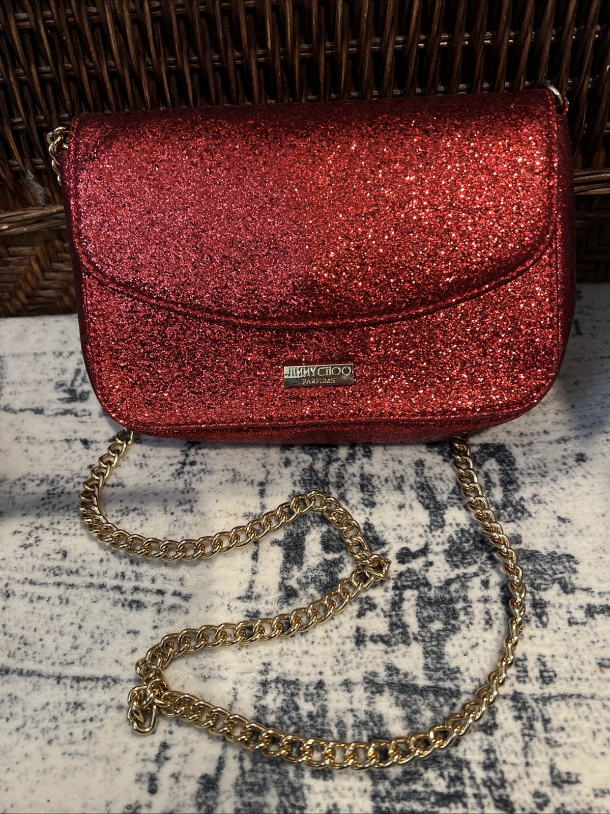 Jimmy Choo Parfums Red Shimmer Glitter Clutch Crossbody Evening Bag Purse