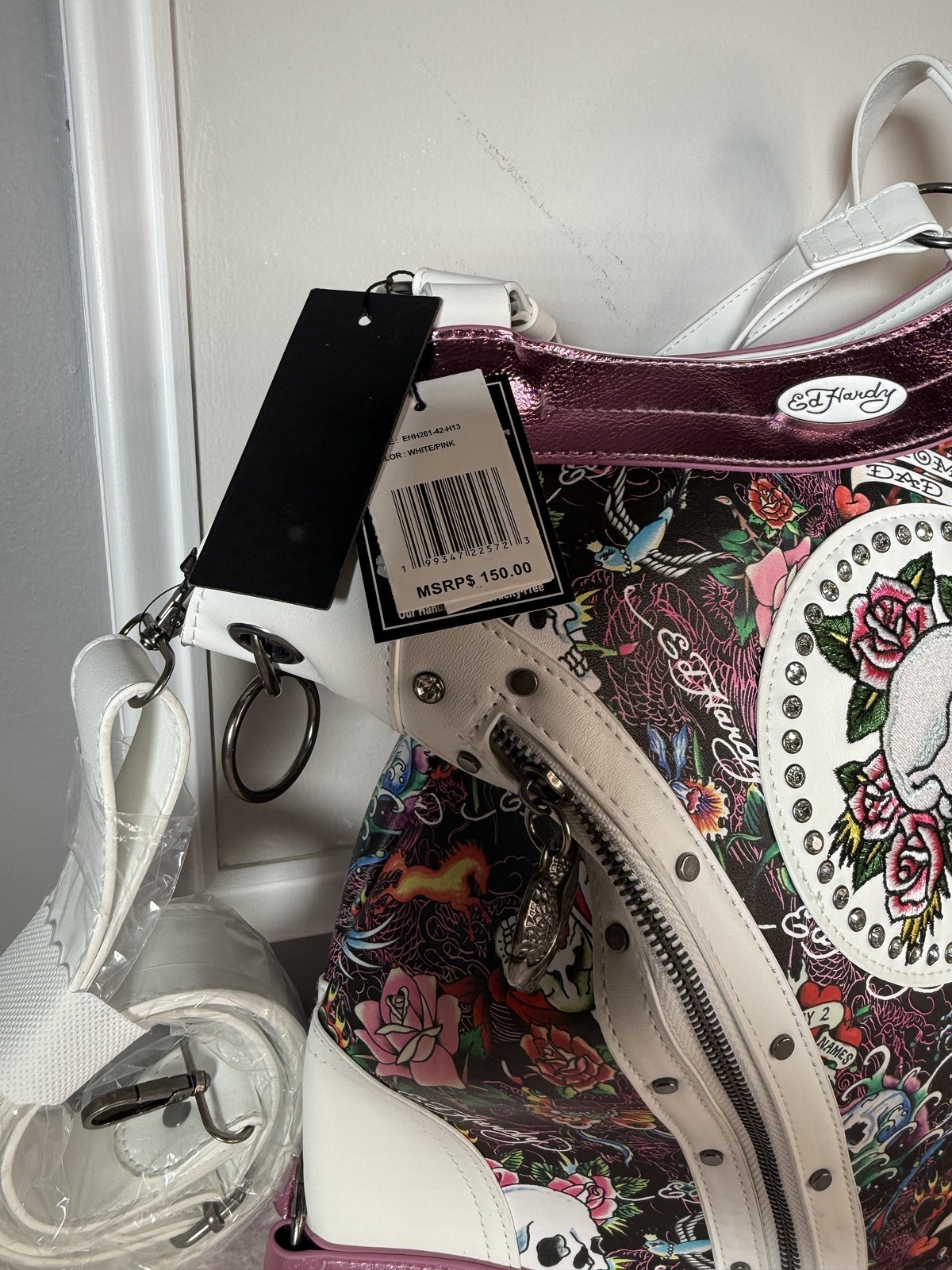 Ed Hardy white leather hobo bag tattoo print